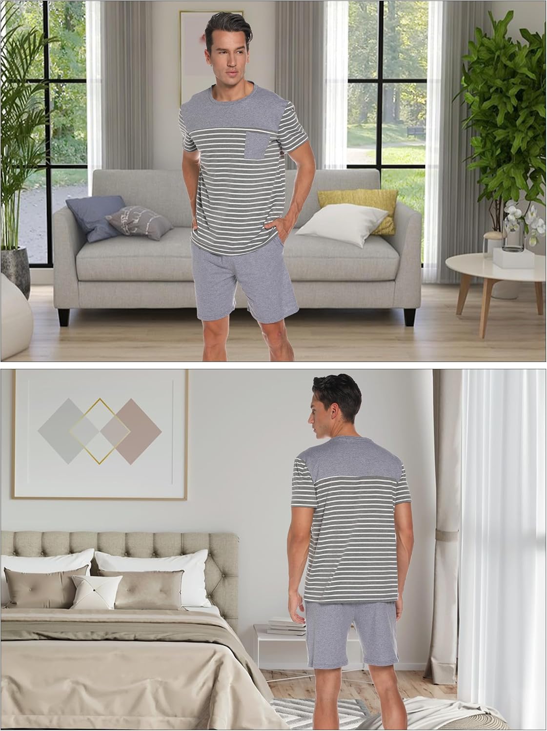 Men's Pajama Set Cotton Pajamas Striped Short Sleeve & Shorts Pjs Sets Sleepwear Summer Lounge Set with Pockets