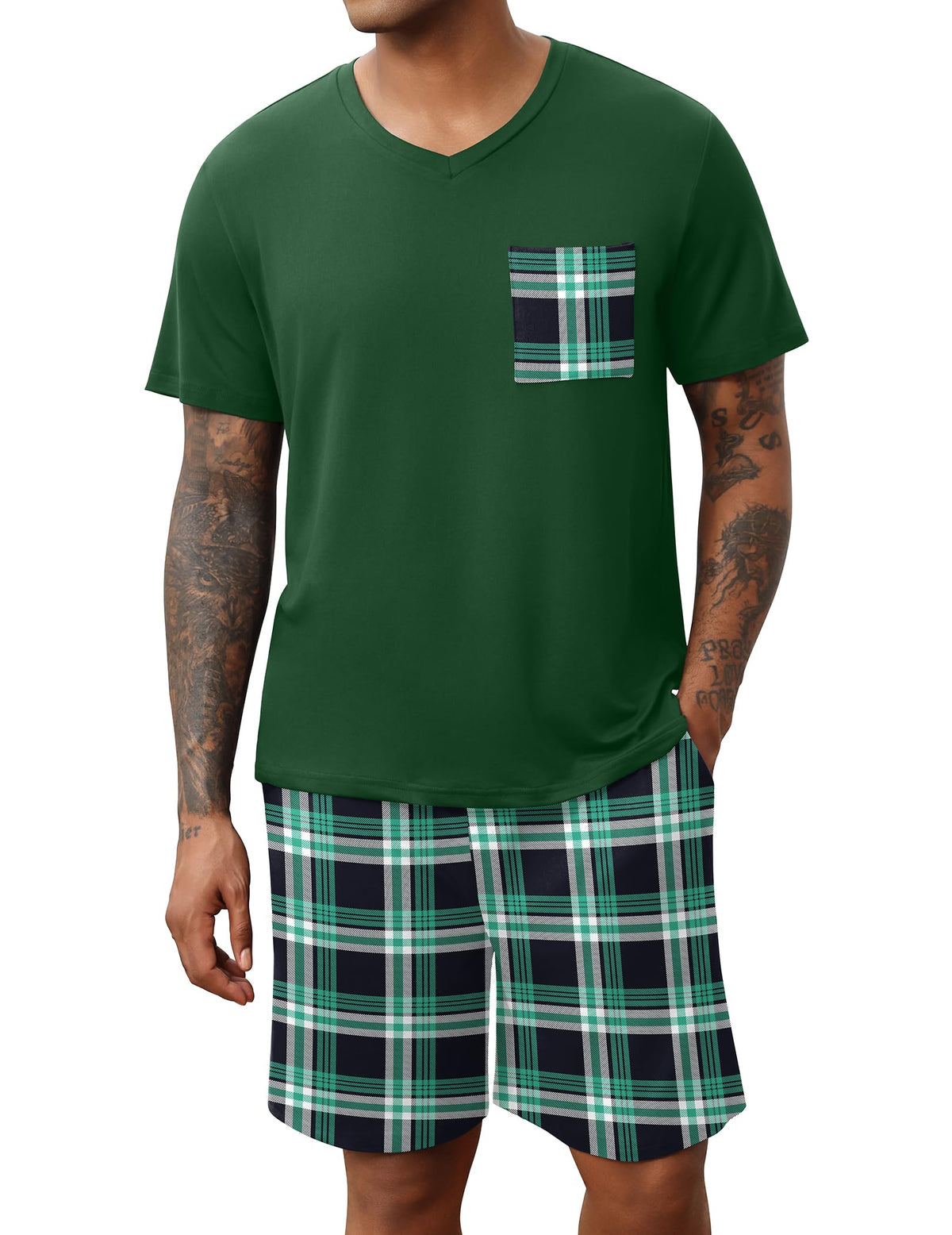 Ekouaer Mens Pajamas Set Soft Lounge Set V Neck Sleep Nightwear Short Sleeve Pjs with Pocket S-XXL