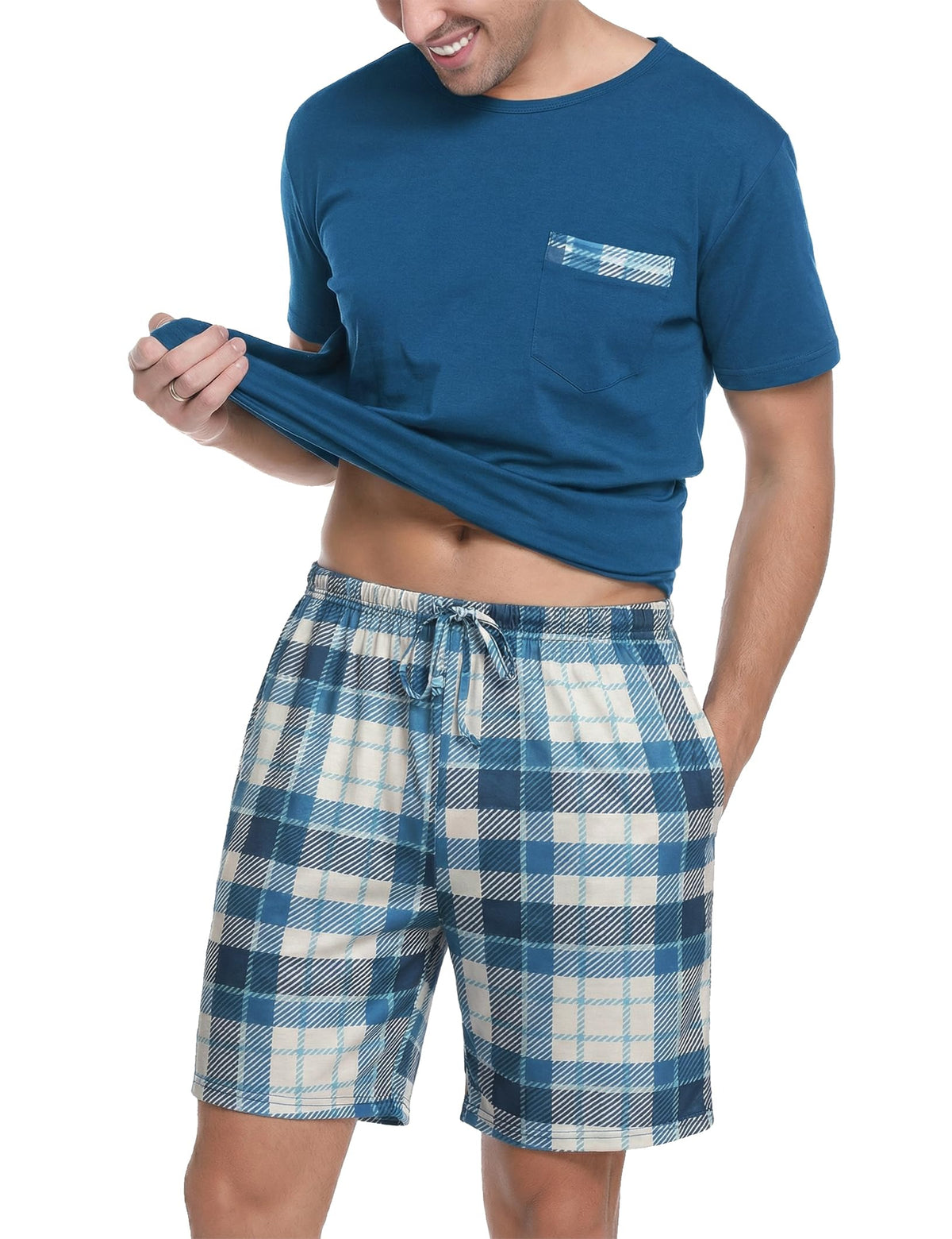 Sykooria Mens Pajamas Set Cotton Pajamas Shorts Set Short Sleeve Pjs Sets Soft Sleepwear S-XXL