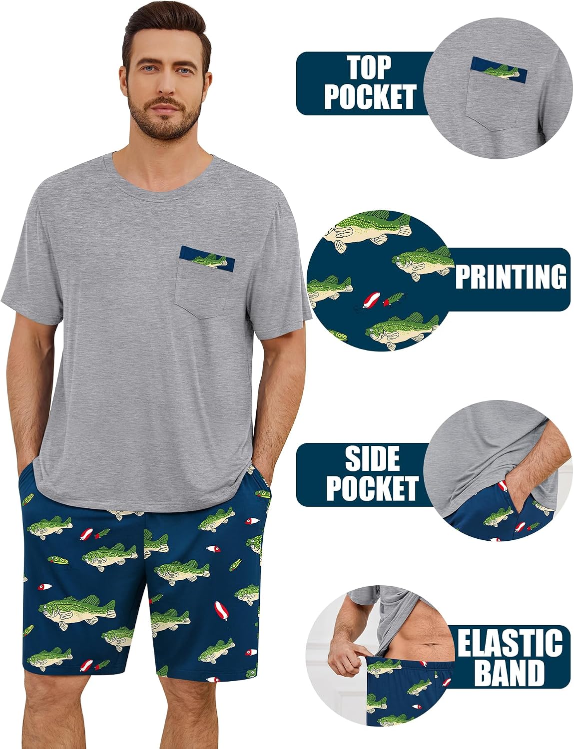 SWOMOG Mens Pajama Set Short Sleeve Pjs Set Soft Comfy Sleepwear Summer 2 Piece Loungewear Print With Pocket S-XXL