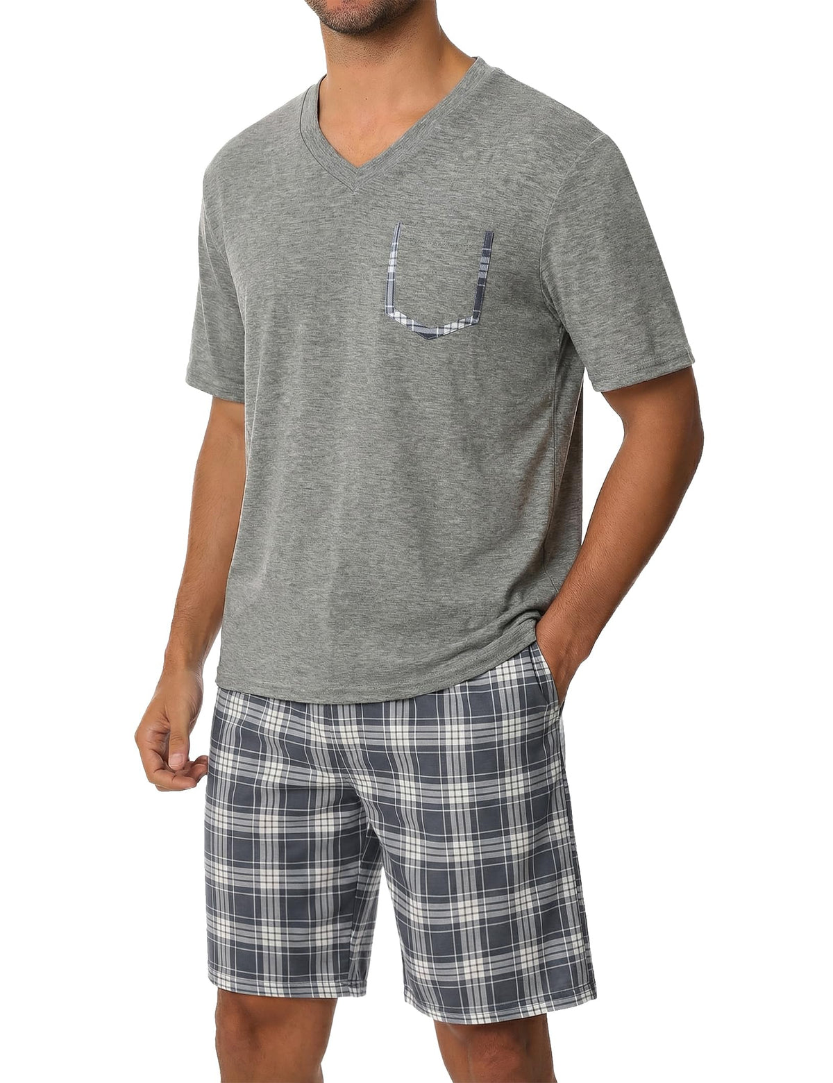 Sykooria Mens Cotton Pajamas Set 2 Piece Soft Sleepwear Short Sleeve Top & Plaid Shorts With Pockets