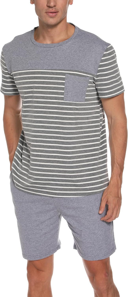Men's Pajama Set Cotton Pajamas Striped Short Sleeve & Shorts Pjs Sets Sleepwear Summer Lounge Set with Pockets
