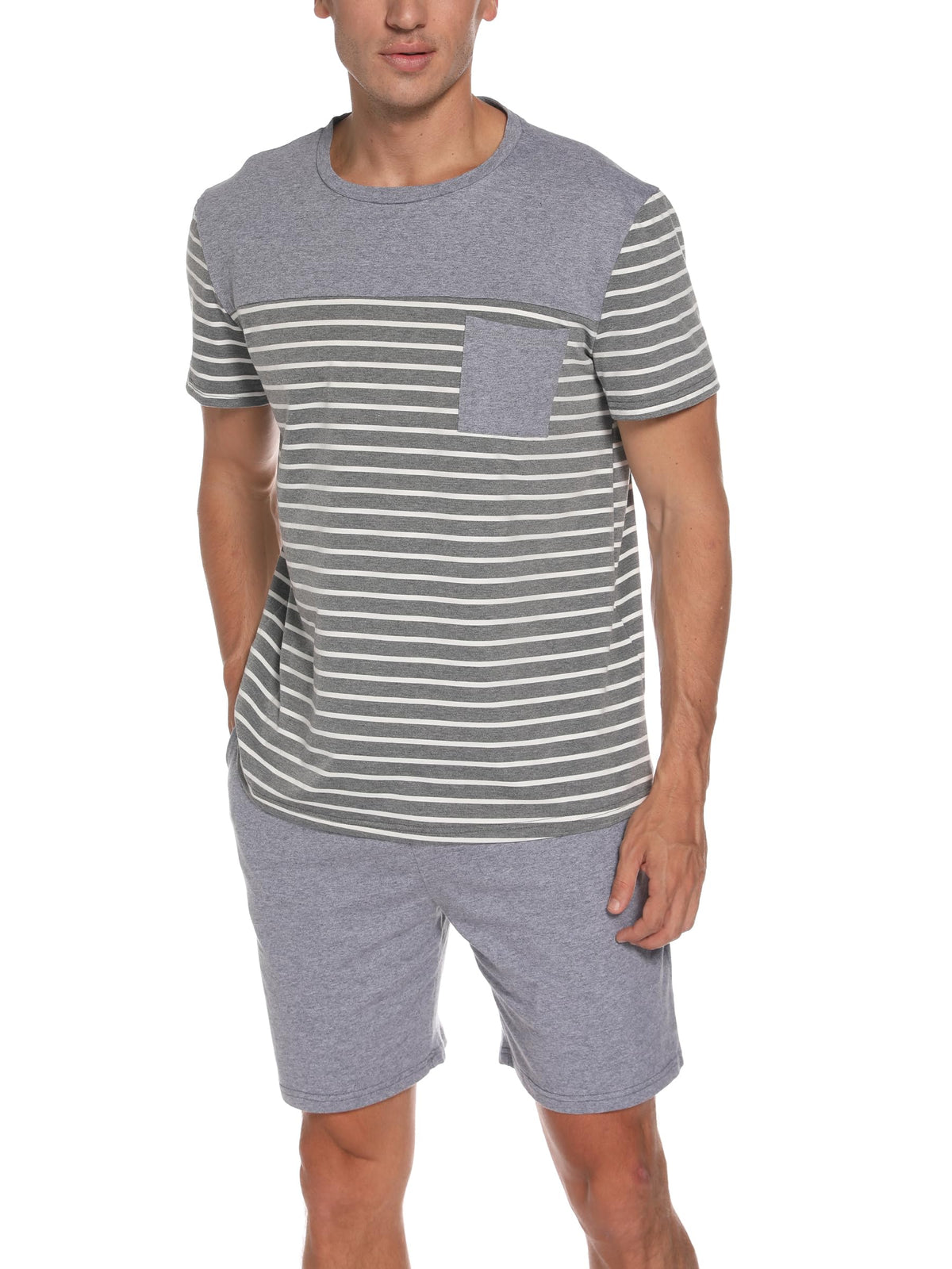 Men's Pajama Set Cotton Pajamas Striped Short Sleeve & Shorts Pjs Sets Sleepwear Summer Lounge Set with Pockets