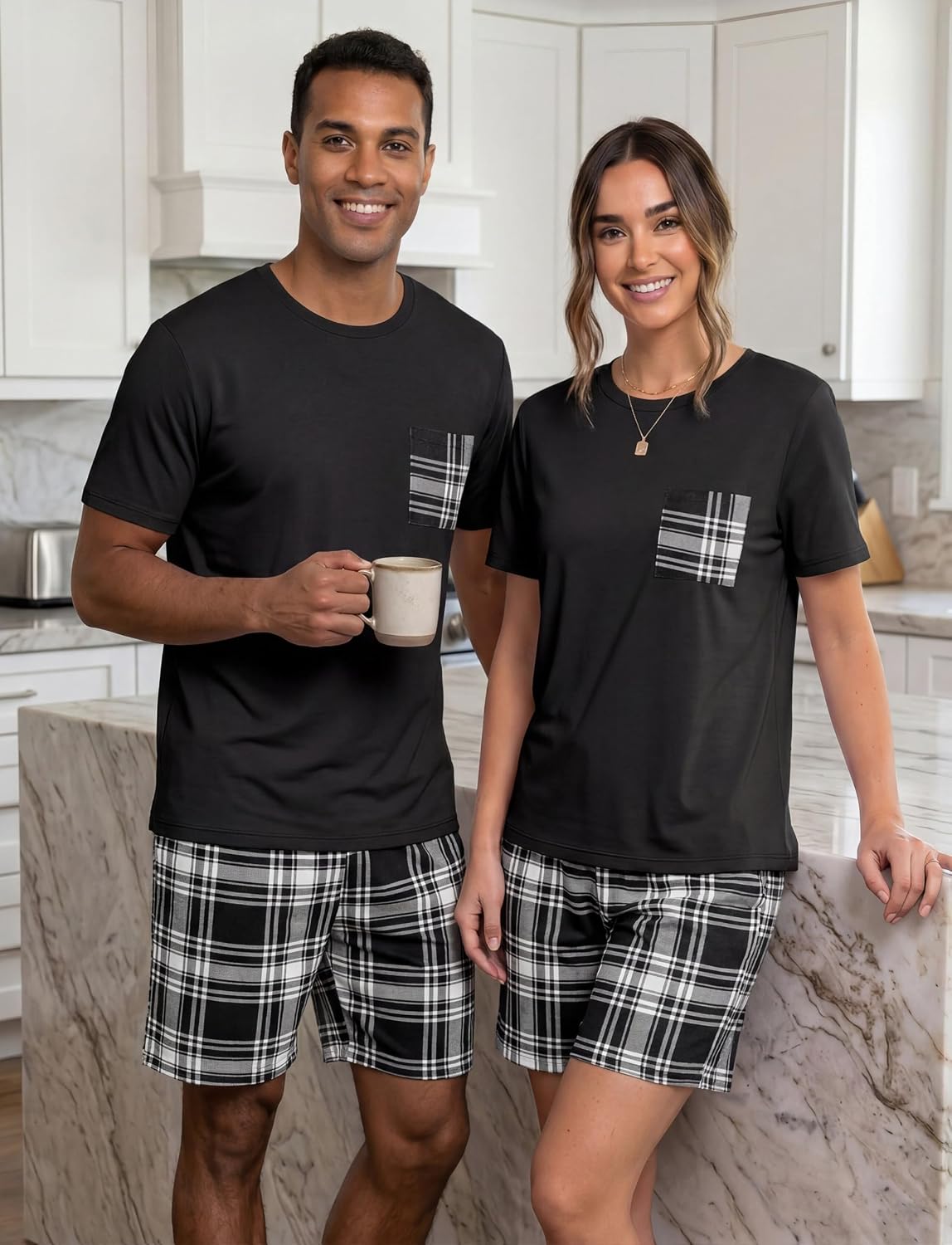 Couples Pajamas Set Short Sleeve Raglan Shirts and Shorts Lounge Sleepwear