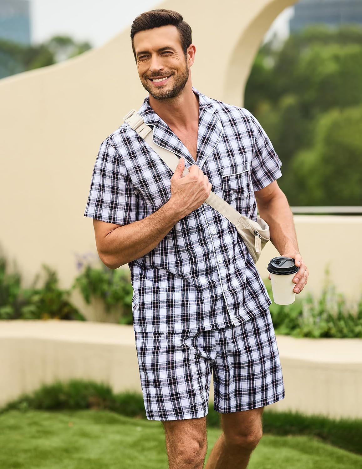 Marvmys Mens 100% Cotton Pajama Set Sleepwear Short Sleeve Pj Set Button Down Lounge Set Plaid Pajamas S-3XL