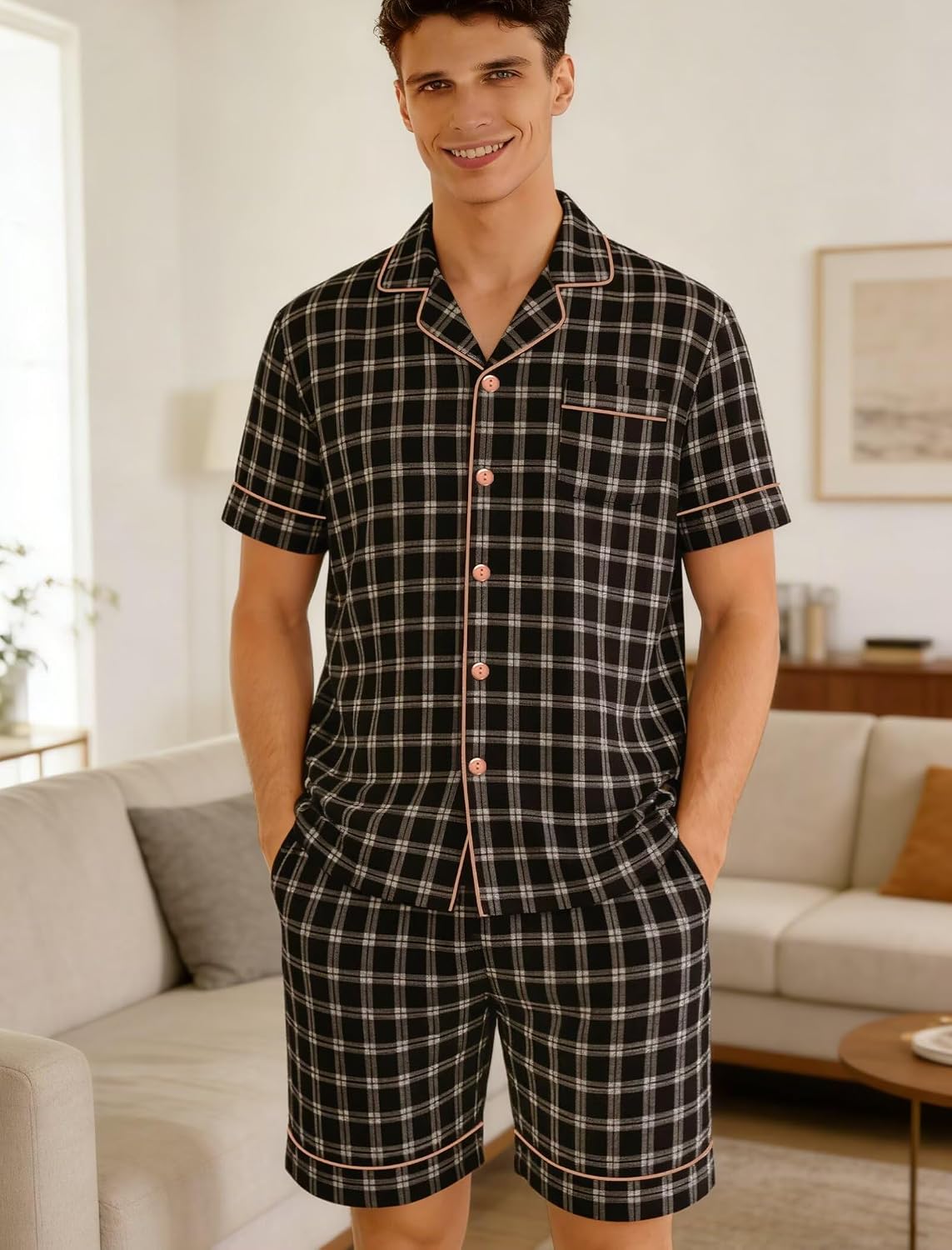 SWOMOG Men Pajama Set Short Sleeve Summer Pjs Button Down Sleepwear Soft Pajama Shorts 2 Piece Loungewear with Pockets