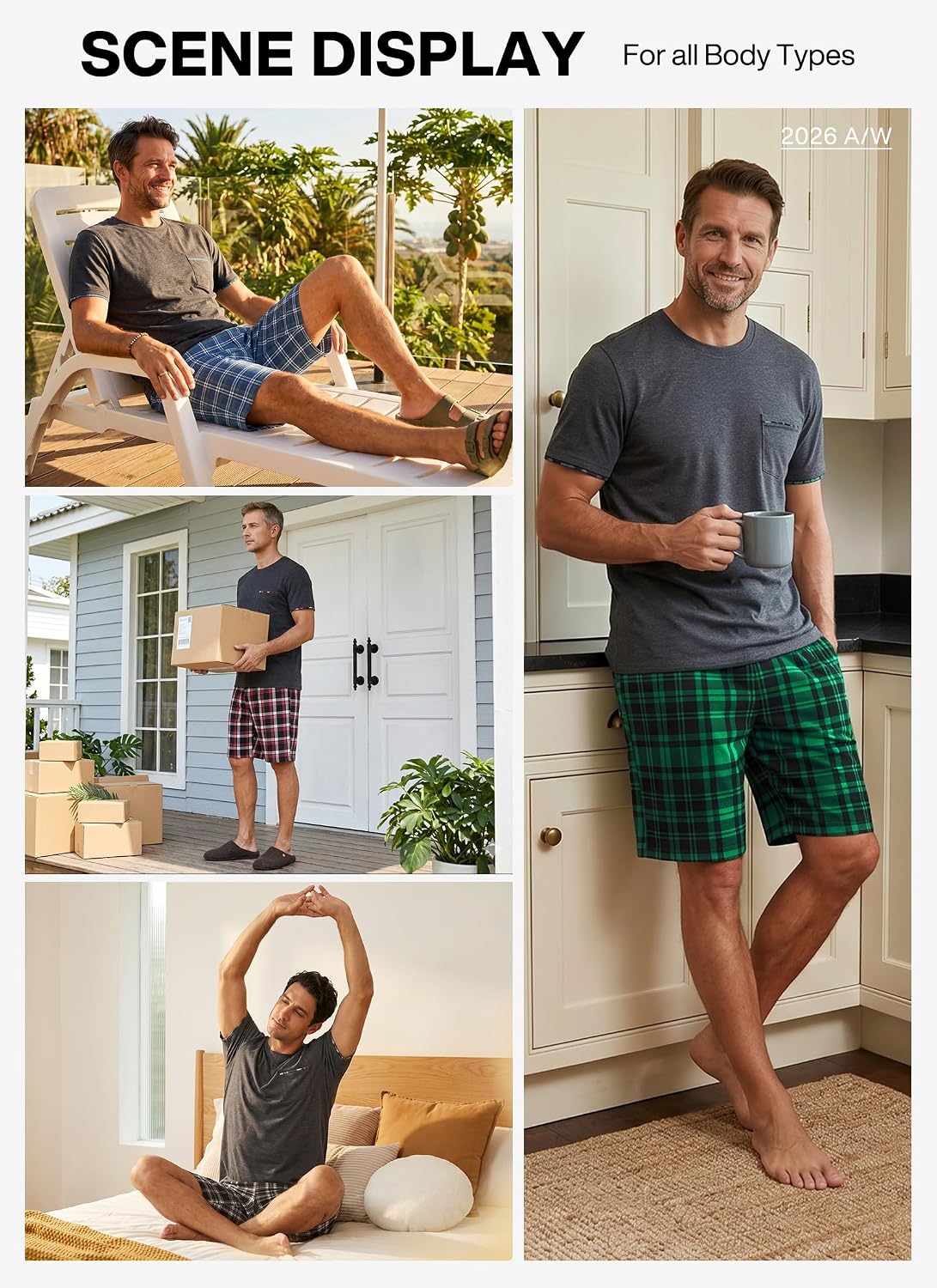 RQP Men's Pajama Sets Soft 2 Piece Pj's Set Short Sleeve Cotton Top and Plaid Pants for Loungewear Sleepwear with Pockets