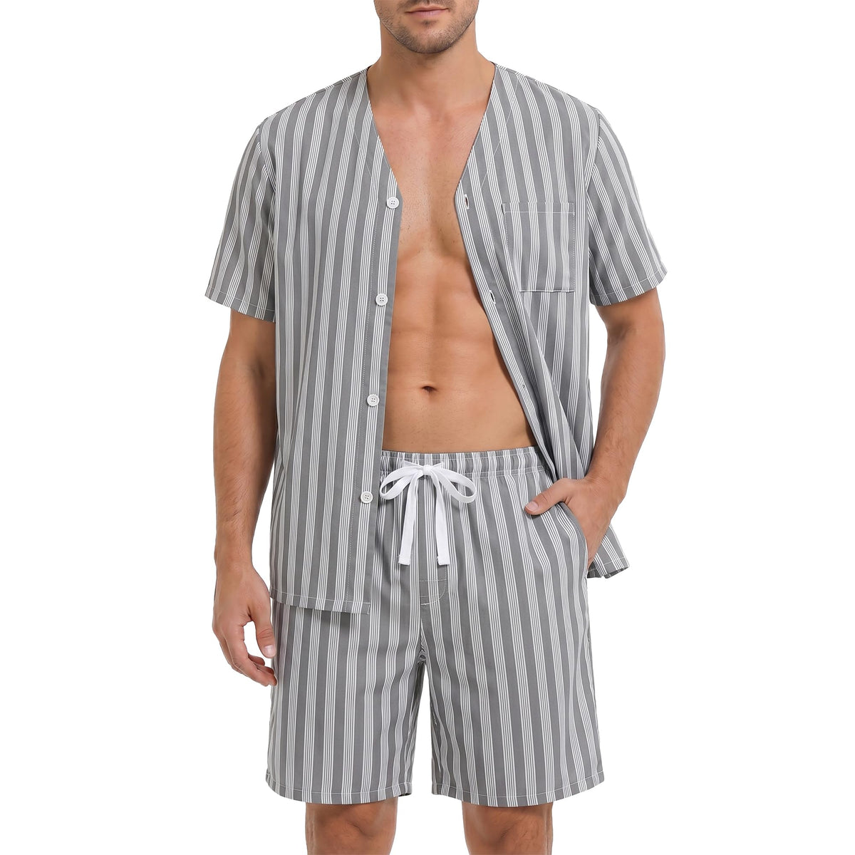 Vulcanodon Mens Striped Pajama Set, Lightweight Short Sleeve Summer Pjs