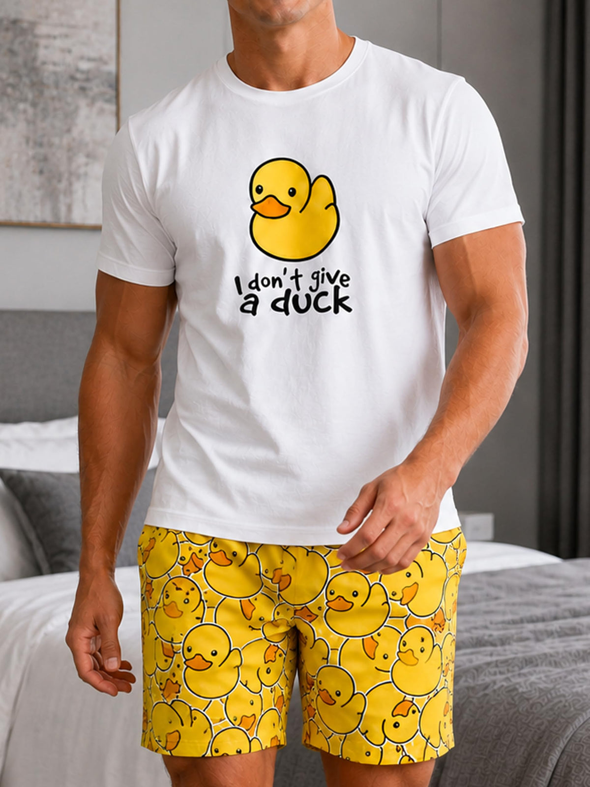 Men Pajama Set Funny Duck Print T-Shirt and Shorts Sleepwear Casual Lounge Set