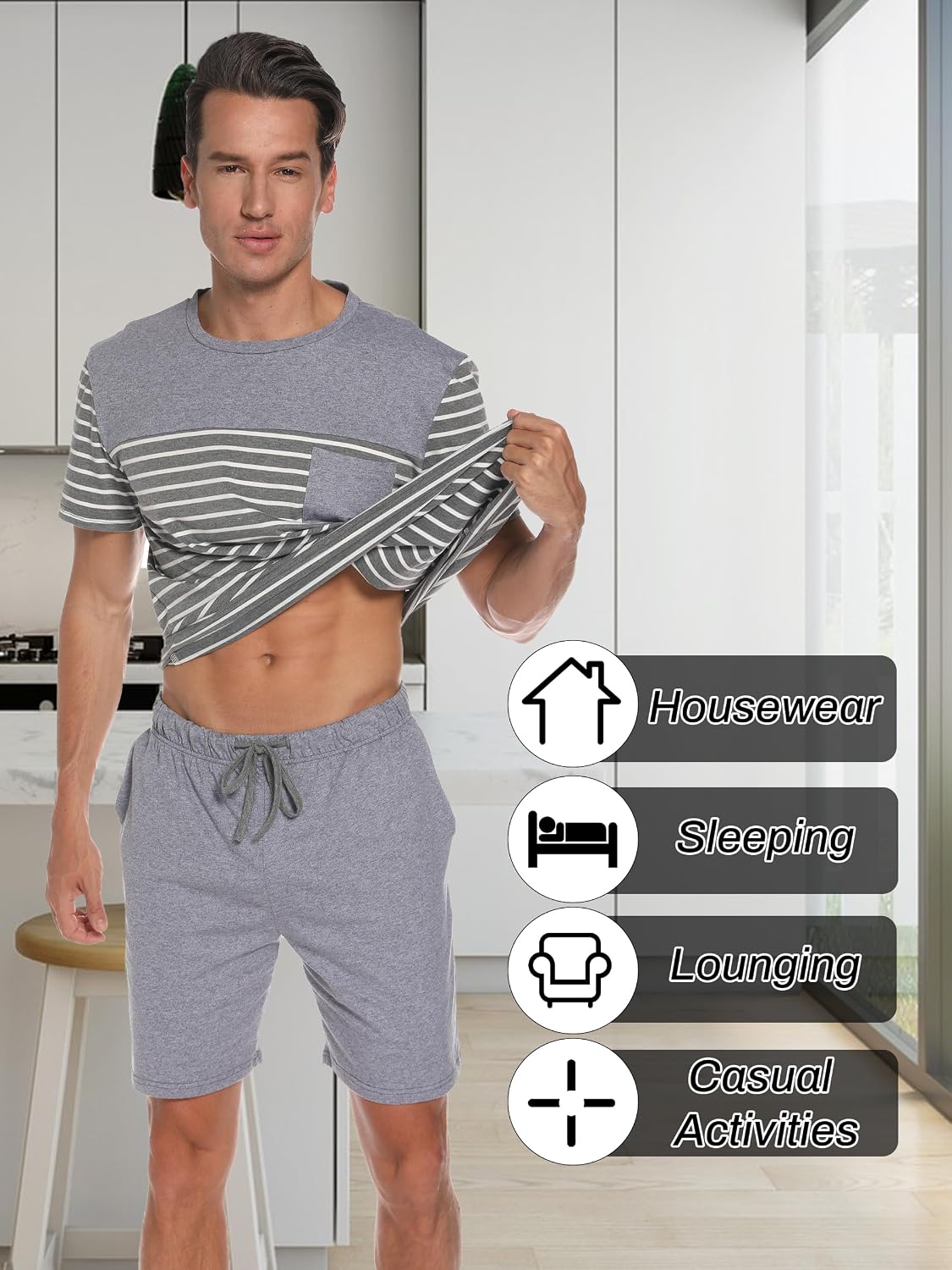 Men's Pajama Set Cotton Pajamas Striped Short Sleeve & Shorts Pjs Sets Sleepwear Summer Lounge Set with Pockets