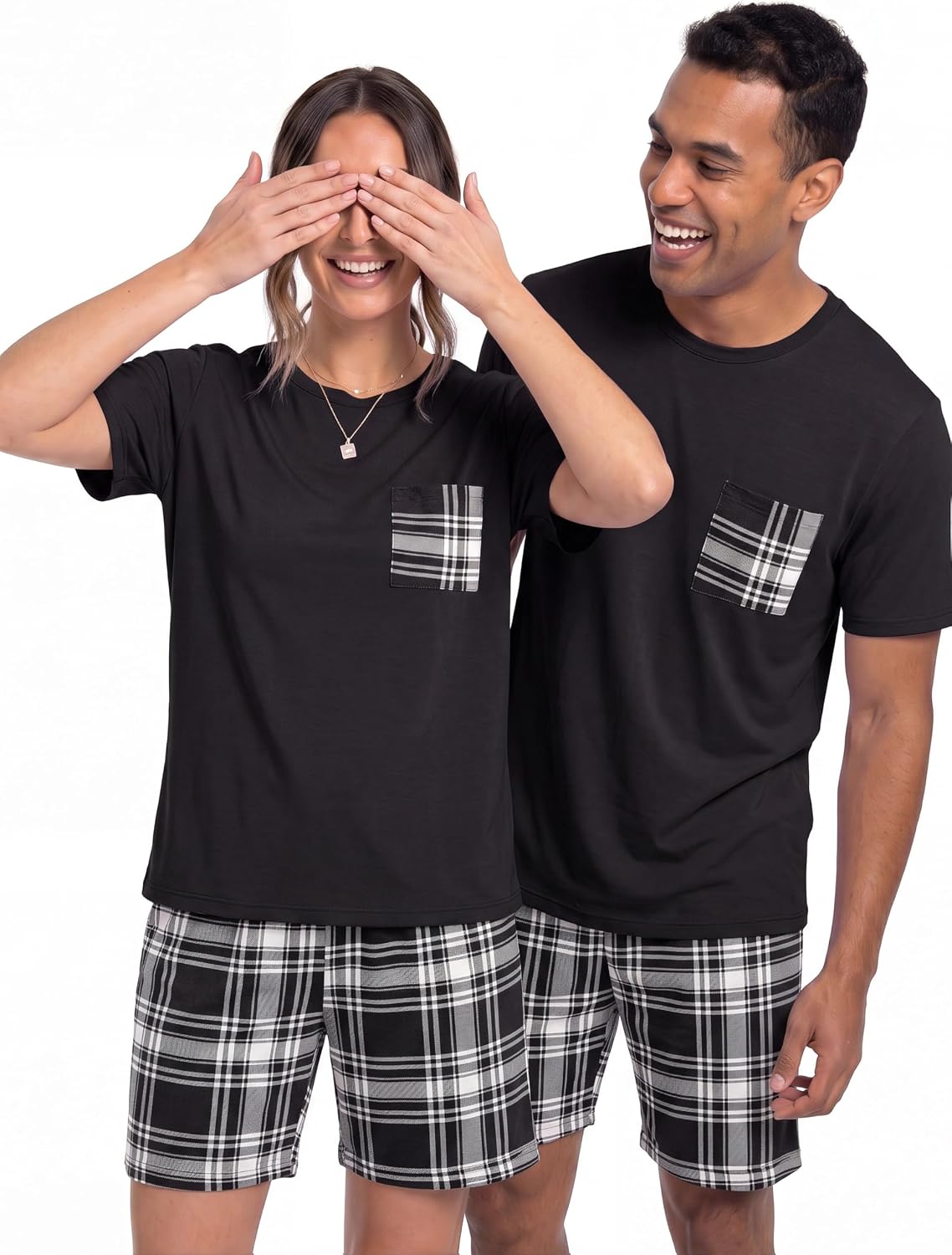Couples Pajamas Set Short Sleeve Raglan Shirts and Shorts Lounge Sleepwear