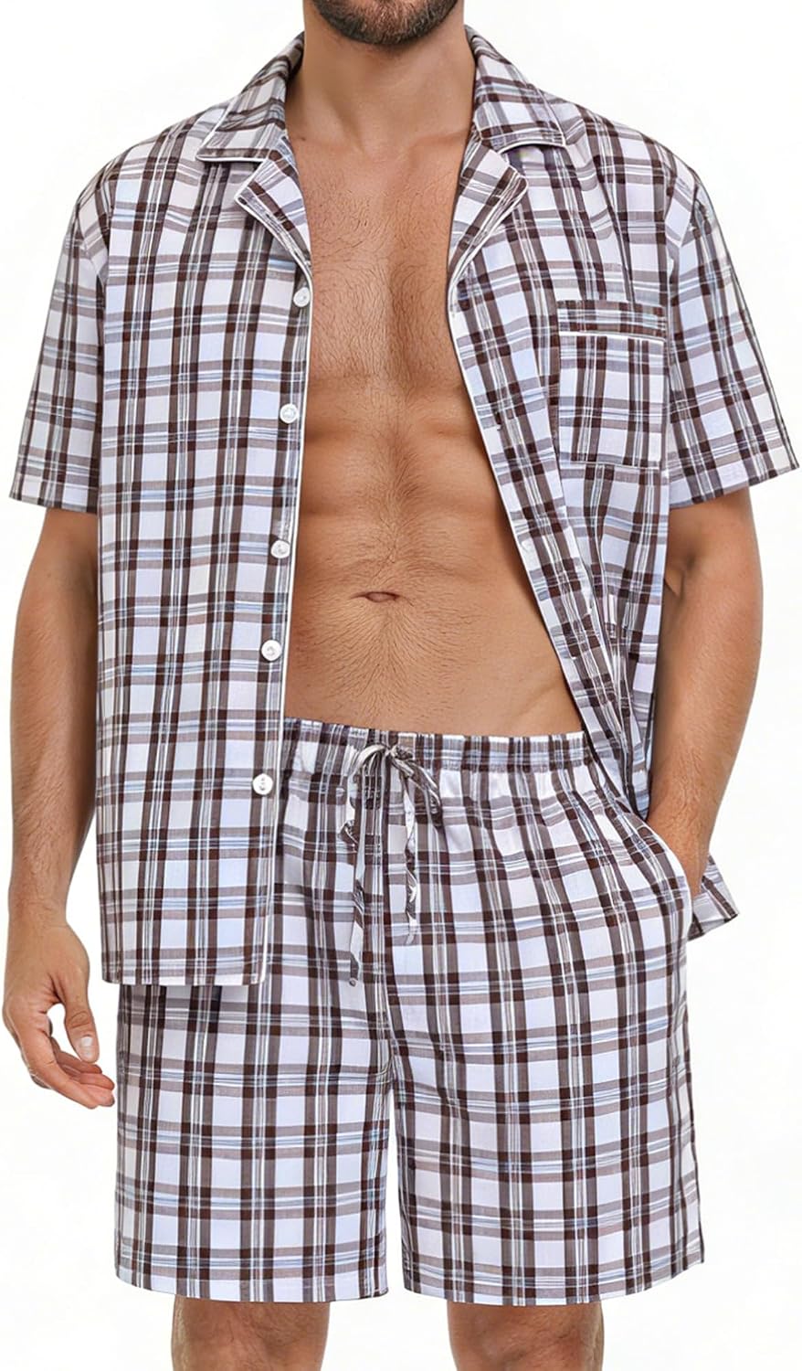 SWOMOG Mens 100% Cotton Pajama Set 2Pcs Button Down Pjs Set Short Sleeve Sleepwear with Pocket Soft Summer Stripe Nightwear