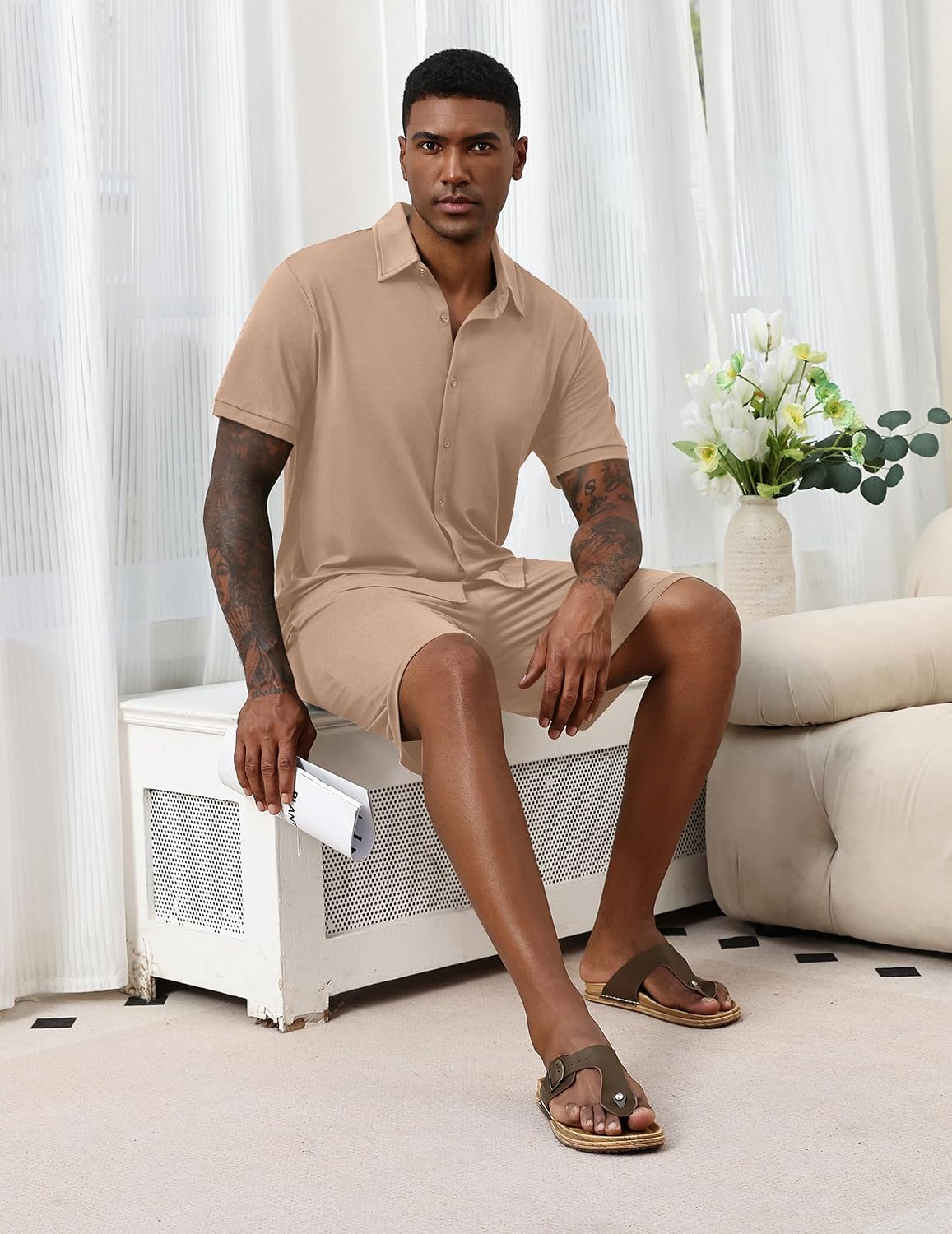 Ekouaer Men's Pajama Sets Button Down Summer Pjs Hawaiian Lounge Set XS-XXL