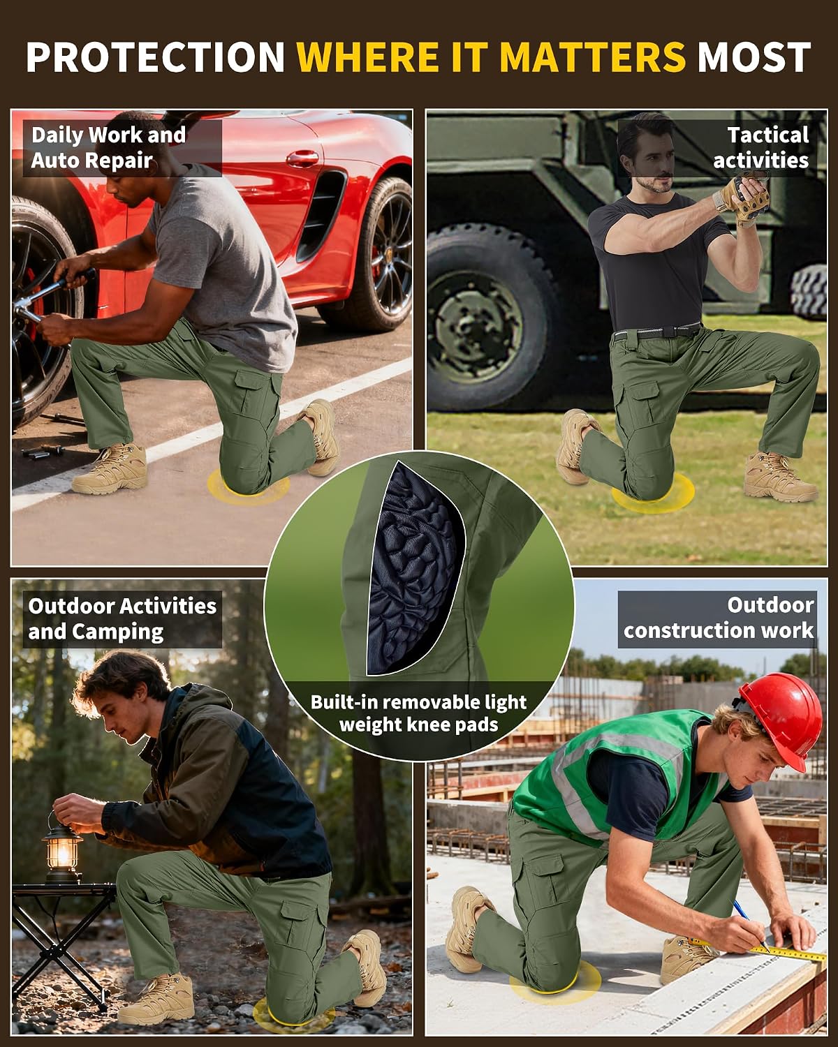 Men's Stretch Tactical Work Pants with Removable Knee Pads, Water-Resistant Ripstop Cargo Pants for Outdoor & Hiking