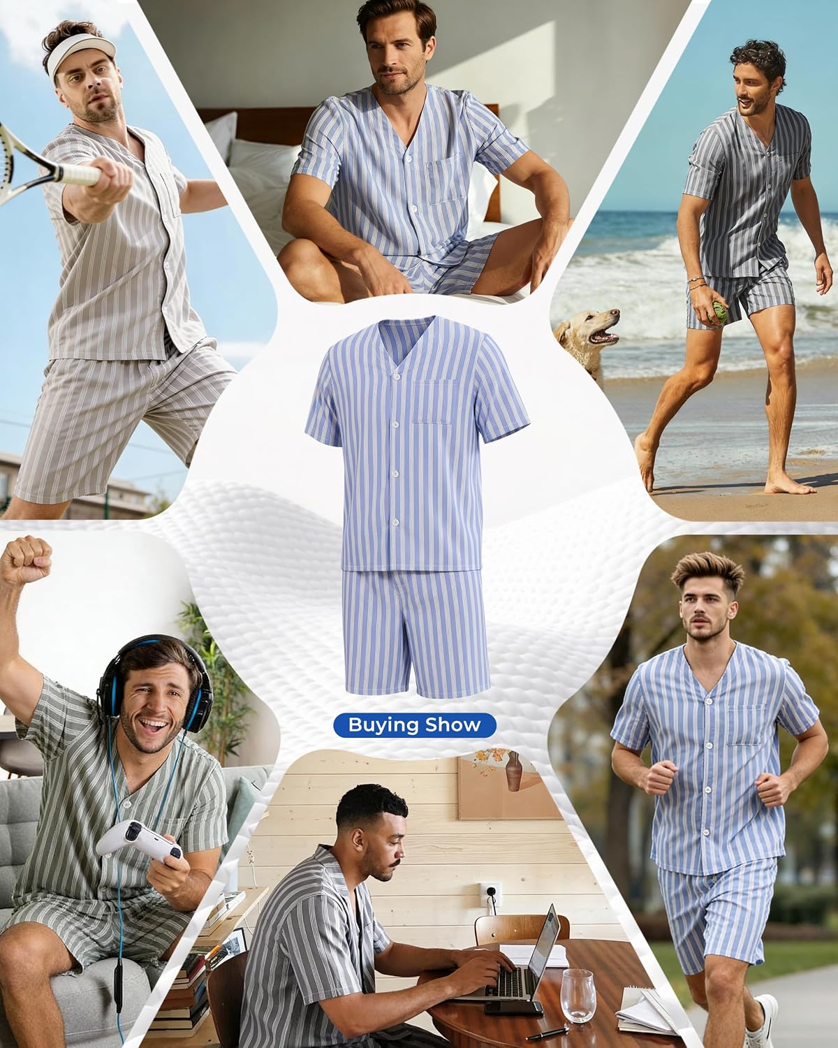Vulcanodon Mens Striped Pajama Set, Lightweight Short Sleeve Summer Pjs
