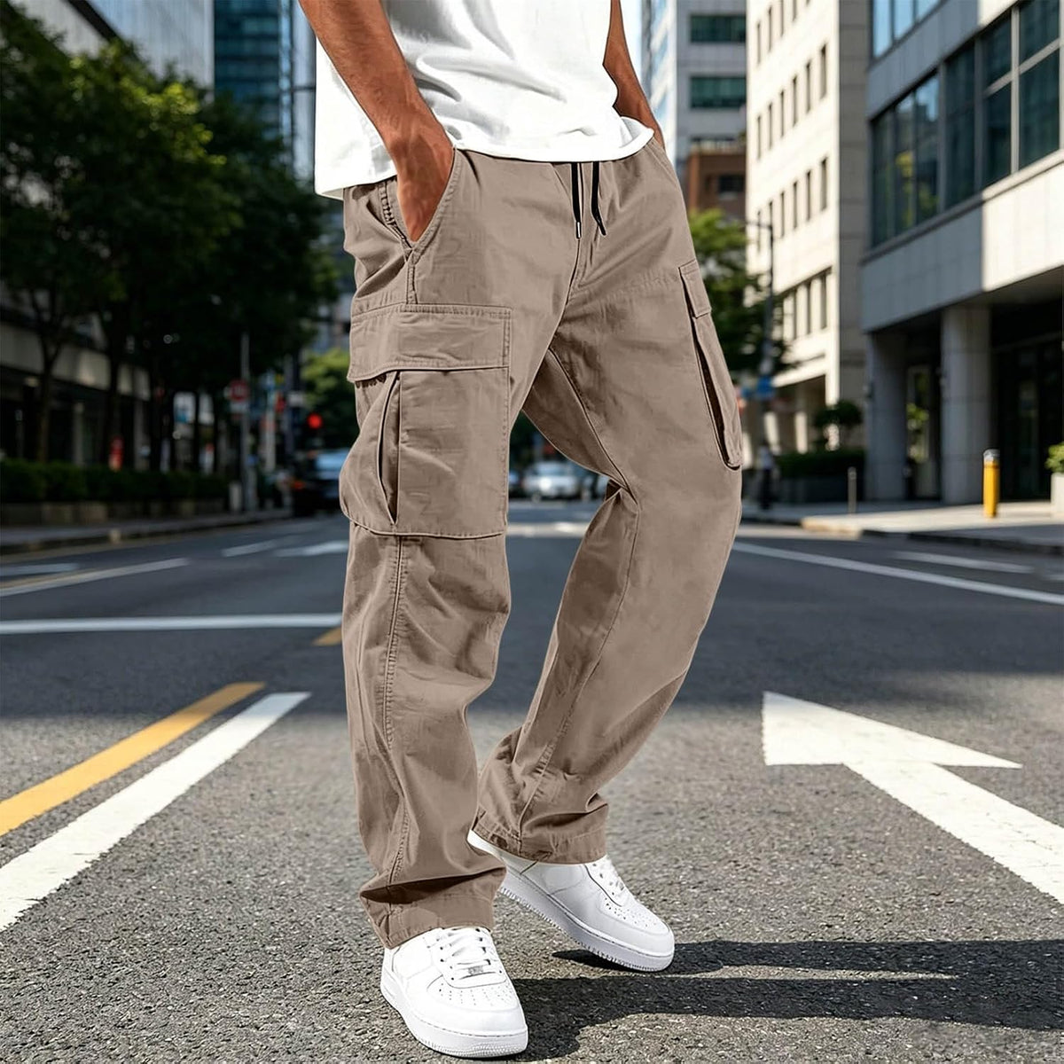 Mens Cargo Pants Relaxed Fit Elastic Waist Drawstring Straight Leg Hiking Workout Outdoor Joggers with Pockets