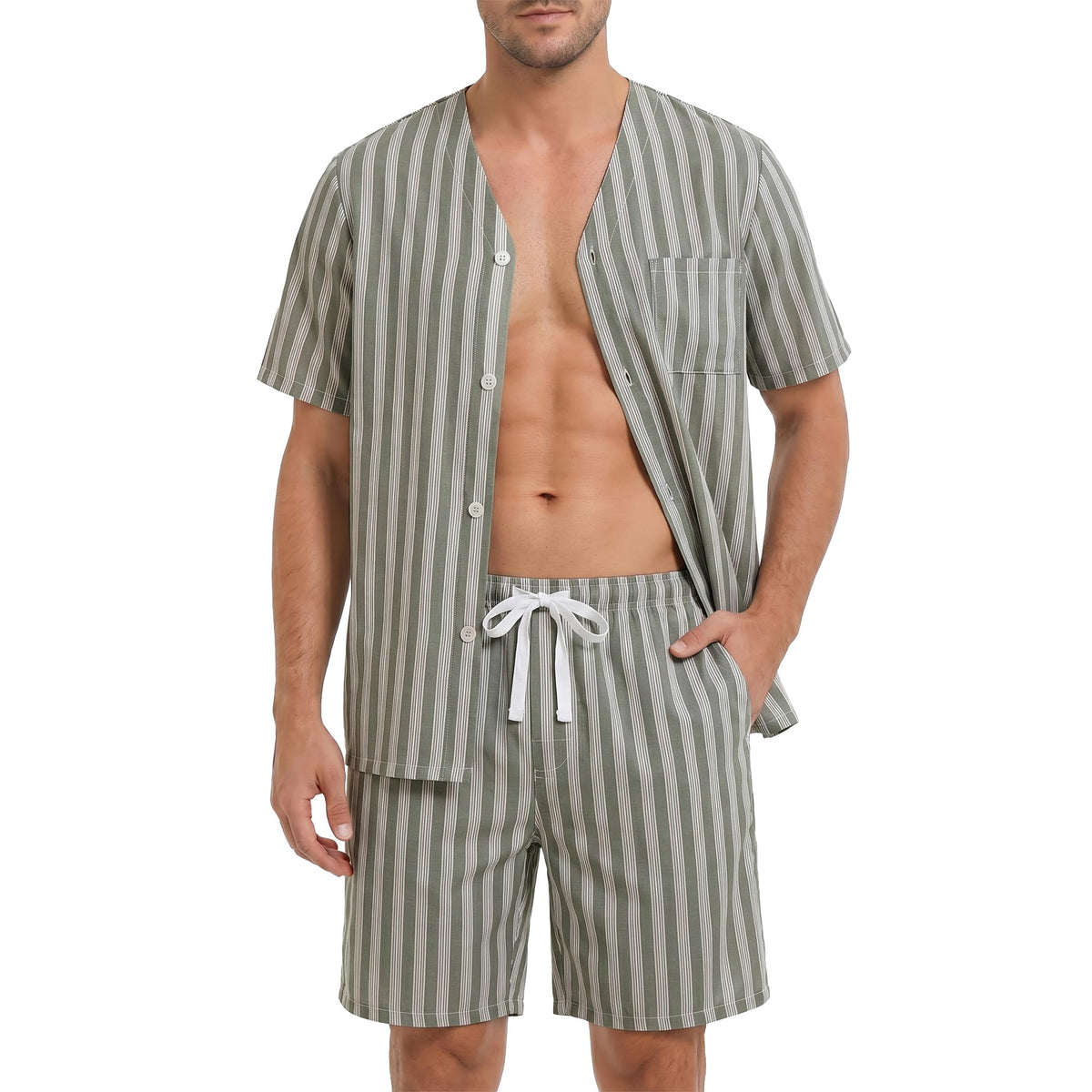 Vulcanodon Mens Striped Pajama Set, Lightweight Short Sleeve Summer Pjs