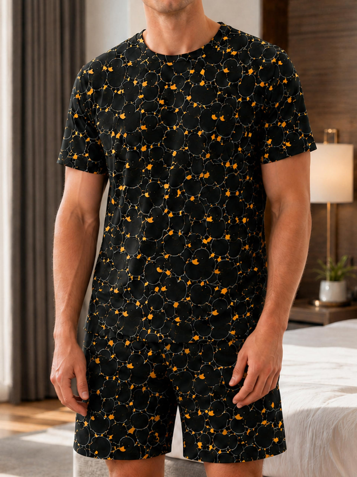 Men Pajama Set Funny Duck Print T-Shirt and Shorts Sleepwear Casual Lounge Set
