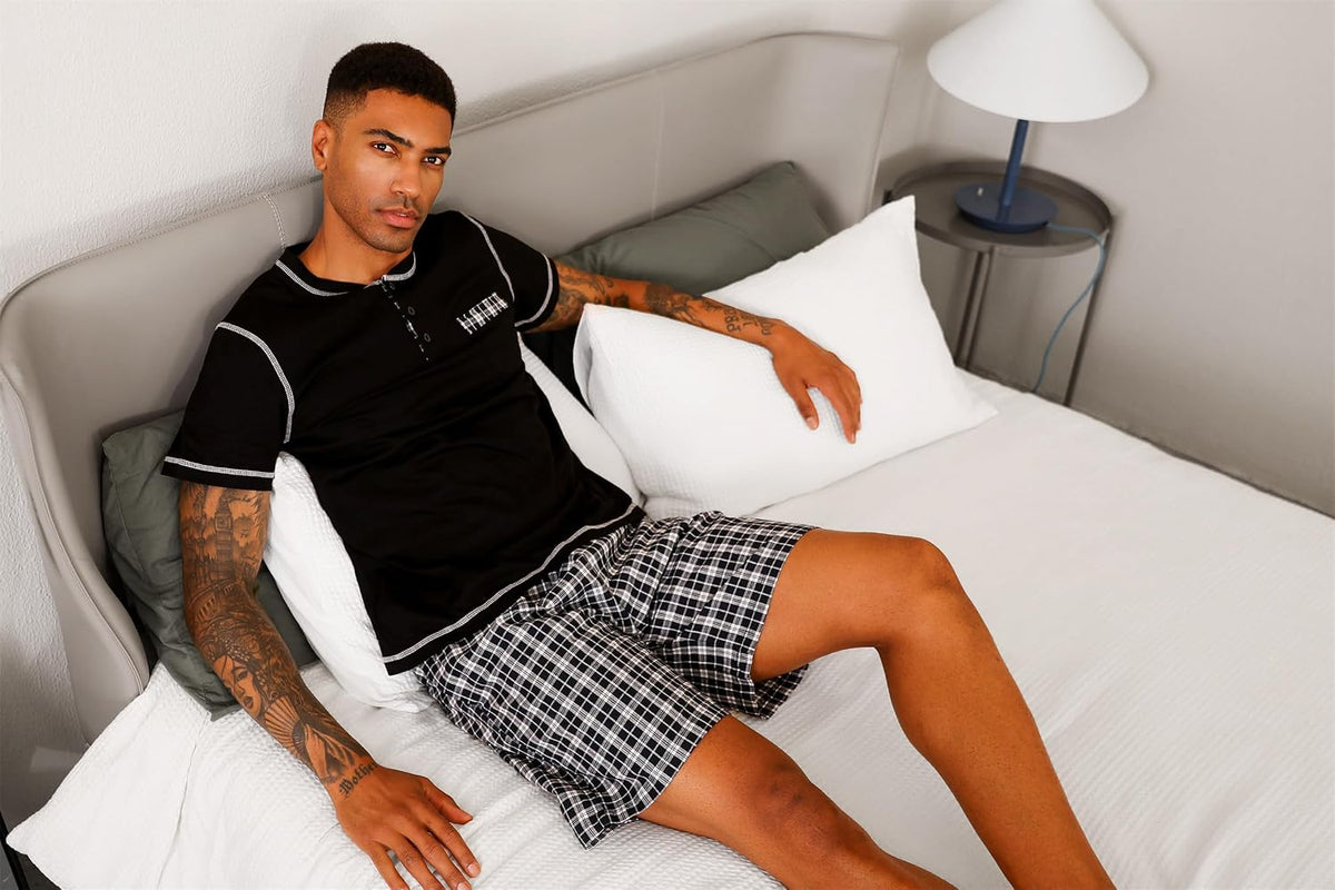 Sykooria Men's Pajama Sets Cotton Loungewear Pjs Shorts Sets 2 Piece Short Sleeve Sleepwear With Pockets S-3XL