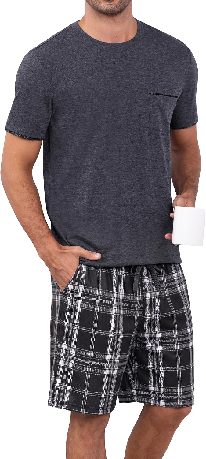 RQP Men's Pajama Sets Soft 2 Piece Pj's Set Short Sleeve Cotton Top and Plaid Pants for Loungewear Sleepwear with Pockets