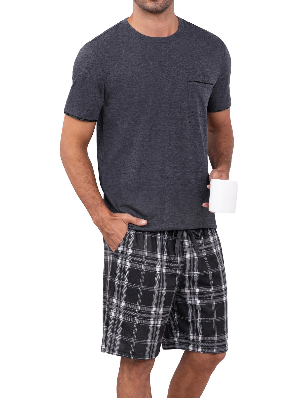 RQP Men's Pajama Sets Soft 2 Piece Pj's Set Short Sleeve Cotton Top and Plaid Pants for Loungewear Sleepwear with Pockets
