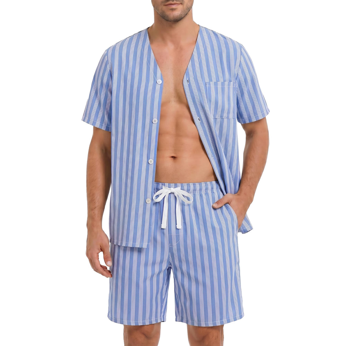 Vulcanodon Mens Striped Pajama Set, Lightweight Short Sleeve Summer Pjs