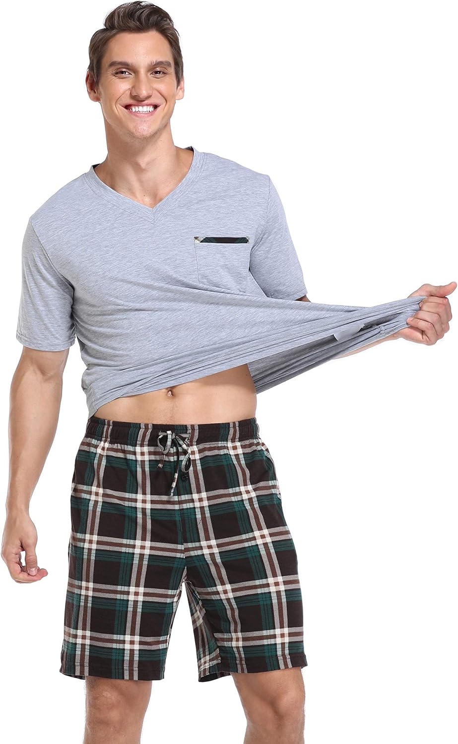 Vlazom Men's Pajama Sets Soft 2 Piece Pj's Set Short Sleeve Cotton Top and Plaid Pants for Loungewear Sleepwear with Pockets