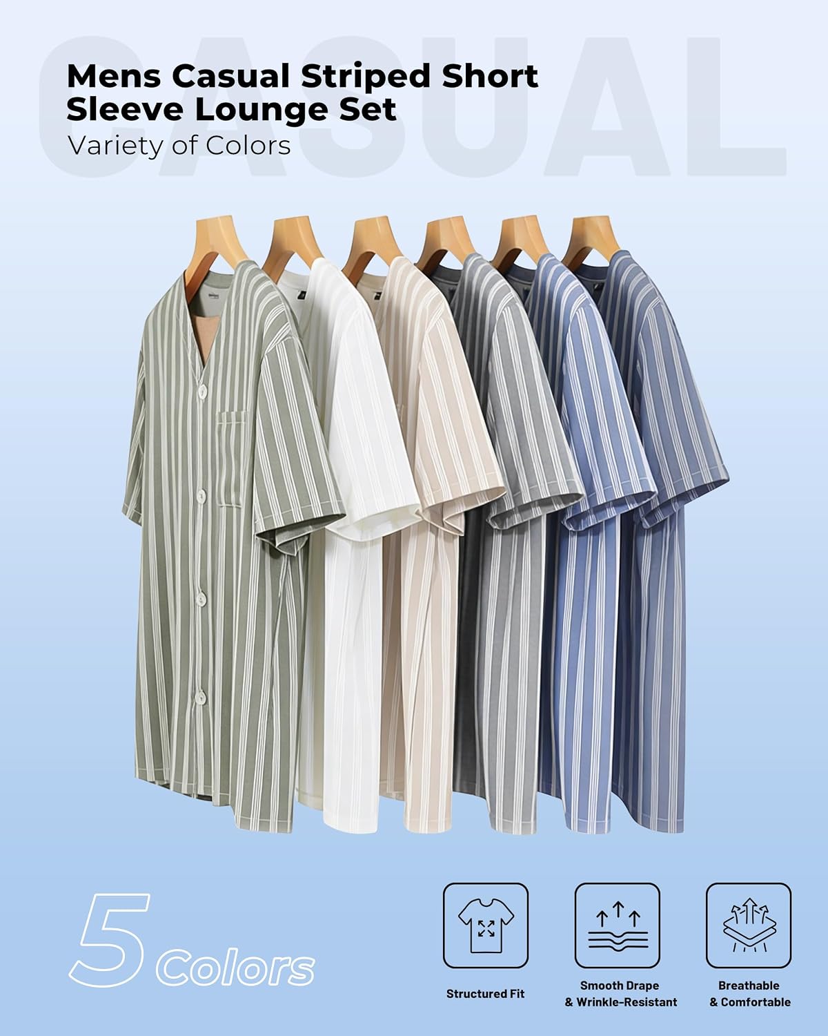 Vulcanodon Mens Striped Pajama Set, Lightweight Short Sleeve Summer Pjs