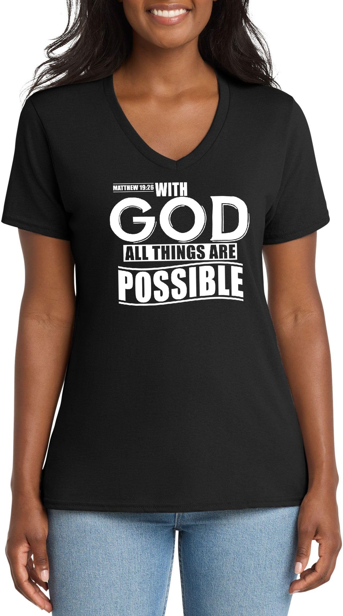 with God All Things are Possible Matthew 19:26 Top Inspirational Bible Verse Graphic Cotton Tee Adult Youth Tall Men Women
