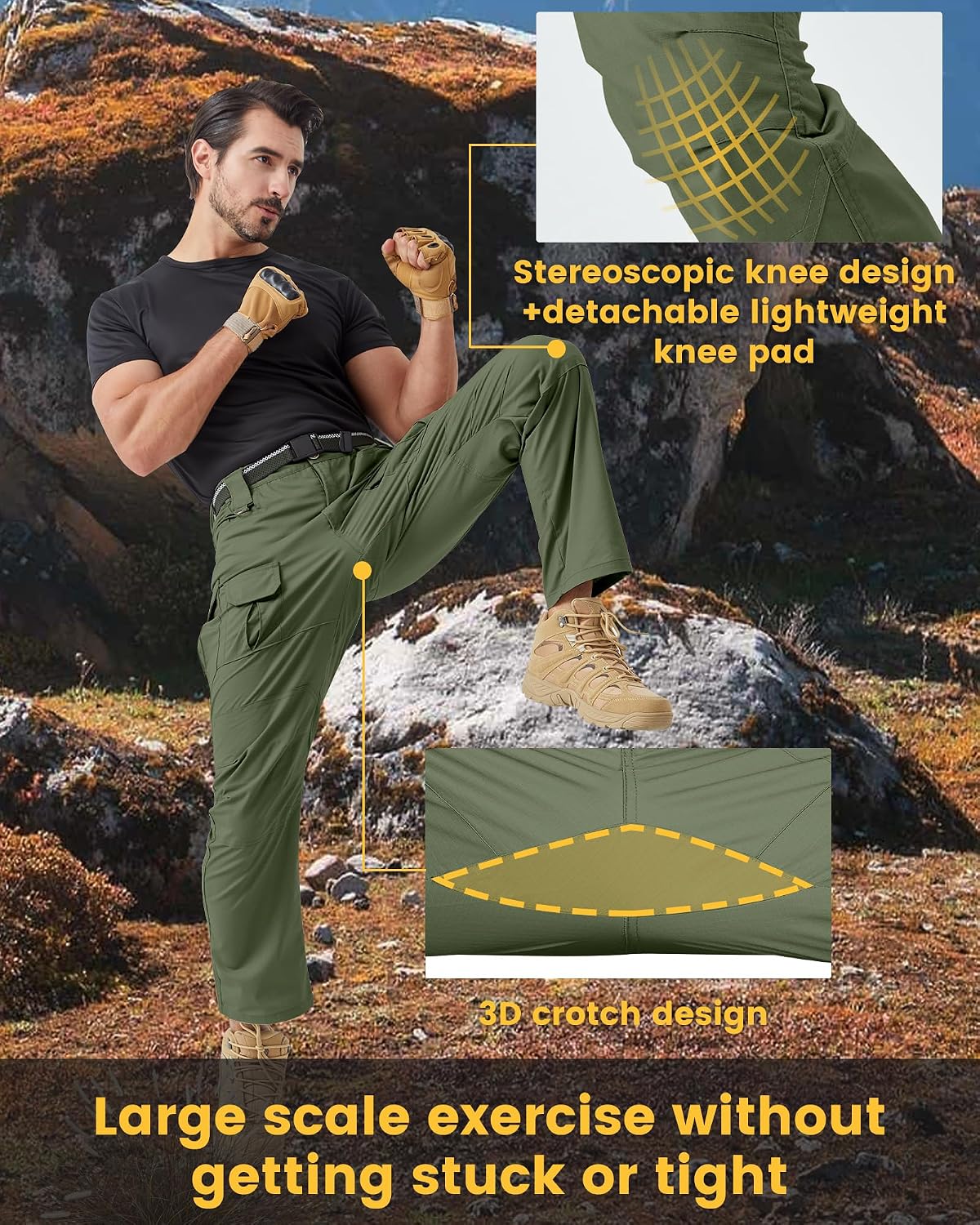 Men's Stretch Tactical Work Pants with Removable Knee Pads, Water-Resistant Ripstop Cargo Pants for Outdoor & Hiking