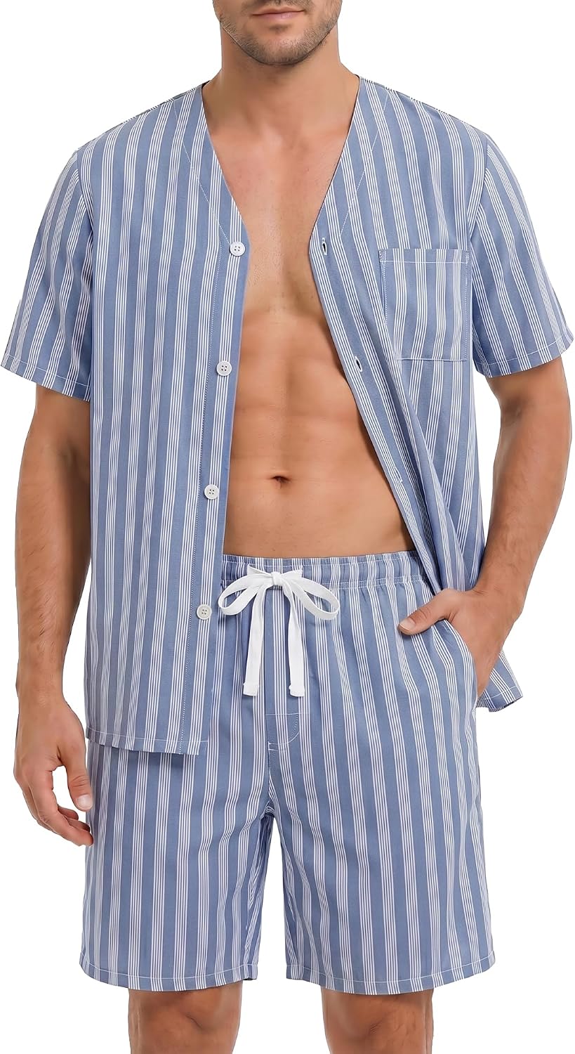 Vulcanodon Mens Striped Pajama Set, Lightweight Short Sleeve Summer Pjs