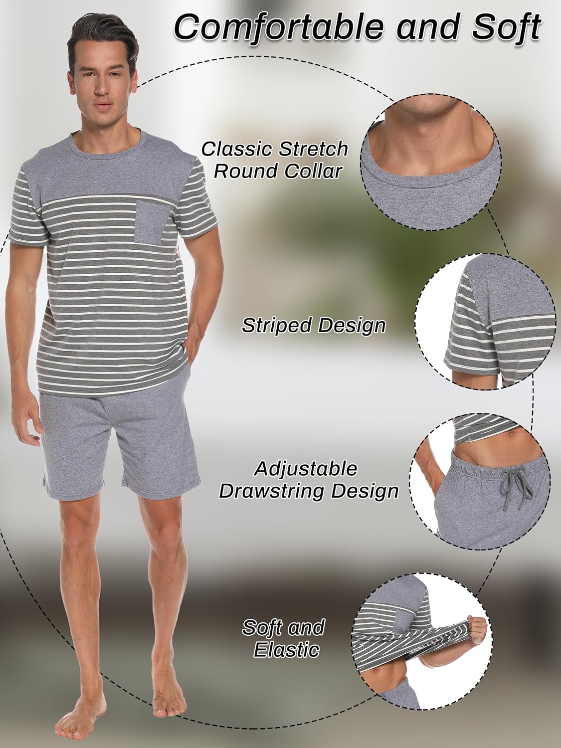Men's Pajama Set Cotton Pajamas Striped Short Sleeve & Shorts Pjs Sets Sleepwear Summer Lounge Set with Pockets
