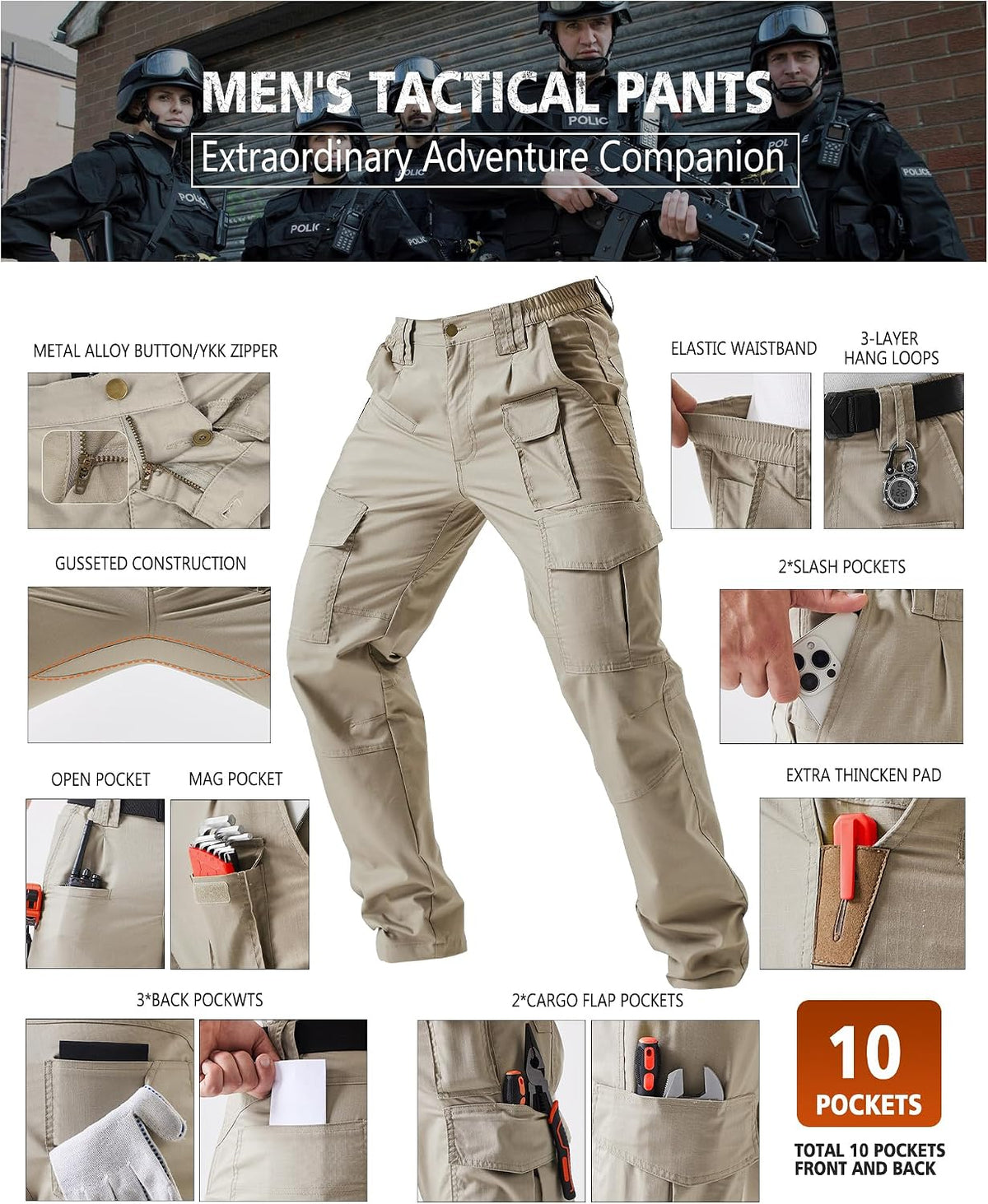 IGOLUMON Men's Tactical Work Pants Ripstop Cargo Pants 10 Pockets