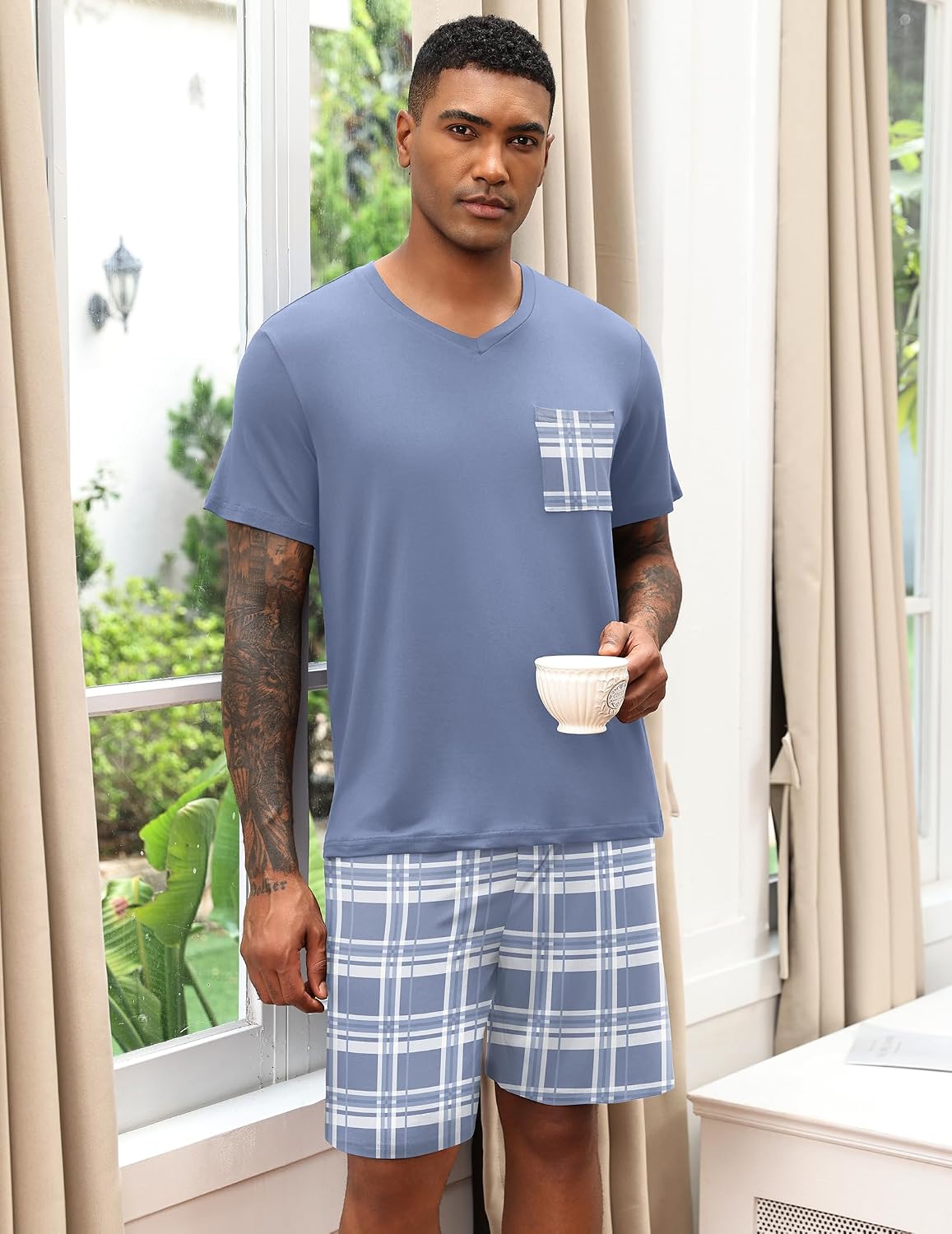 Ekouaer Mens Pajamas Set Soft Lounge Set V Neck Sleep Nightwear Short Sleeve Pjs with Pocket S-XXL