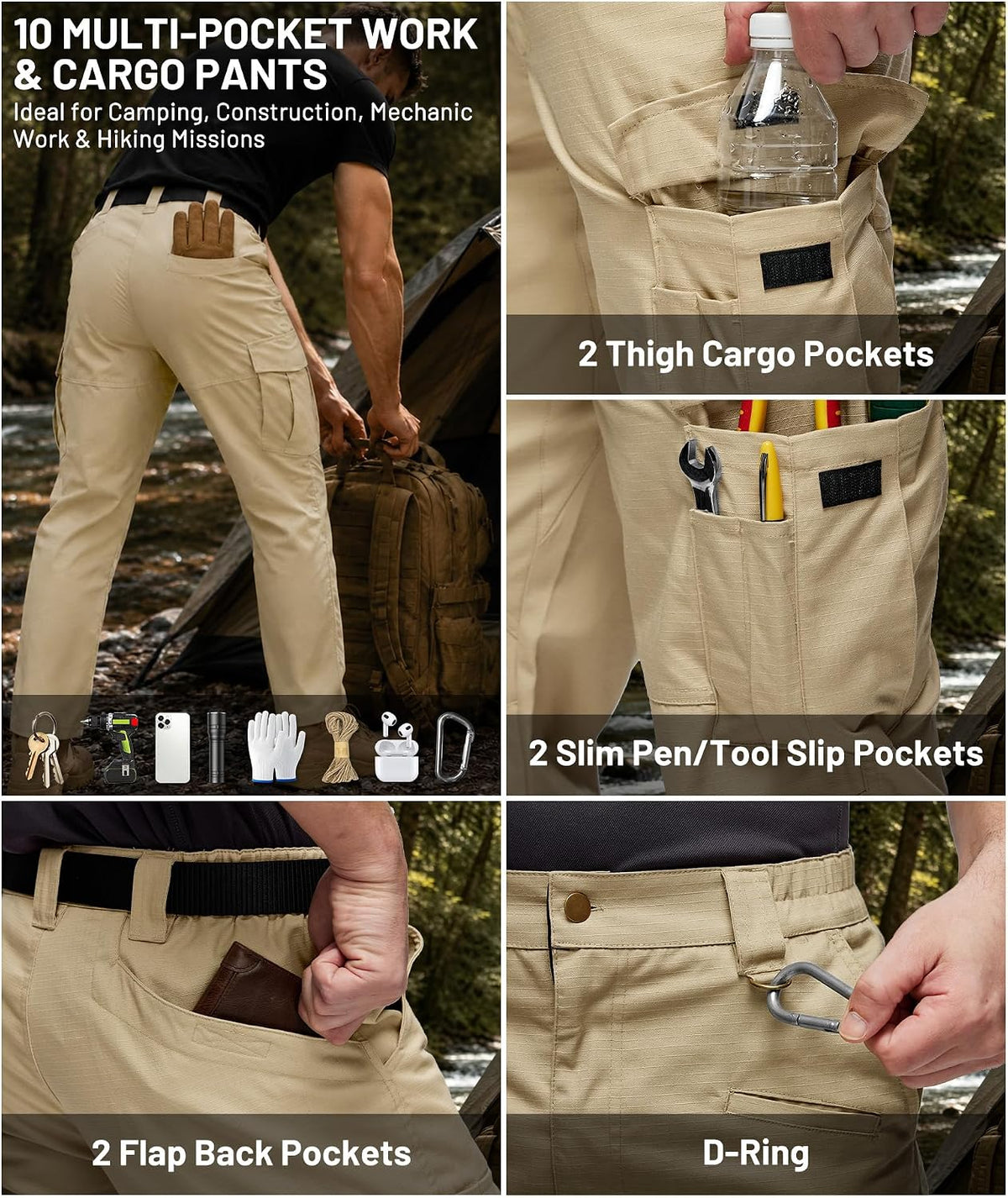 SWISSWELL Mens Tactical Cargo Work Pants Water Resistant Ripstop 10 Pockets
