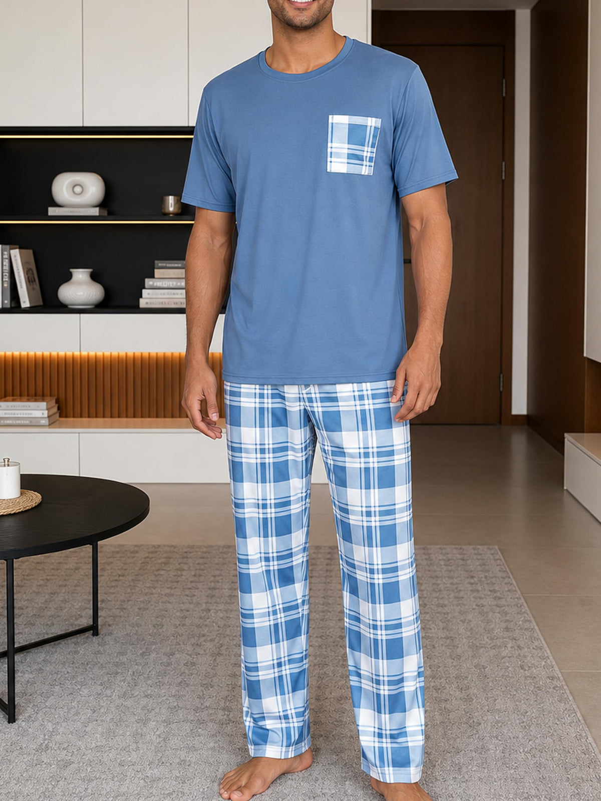 Men's Short Sleeve Pajama Set, Navy Solid T-Shirt & White Plaid Pants