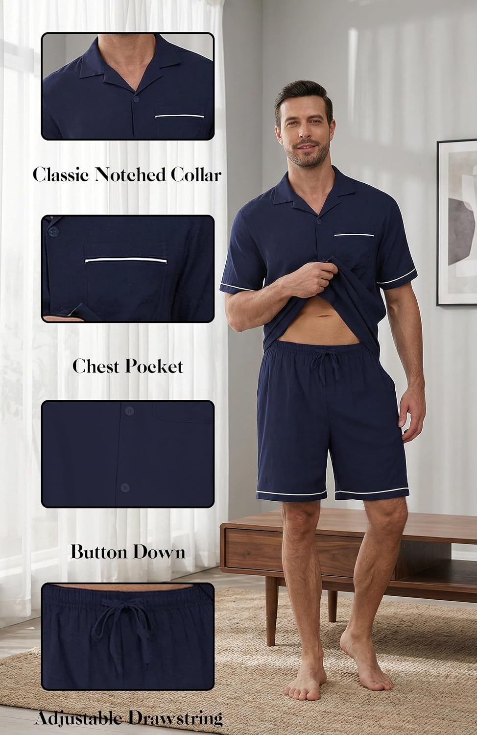 PrinStory Men's Pajamas Set Short Sleeve Sleepwear Pjs Lightweight Two-Pieces Pajama Comfy Loungewear with Pockets S-2XL