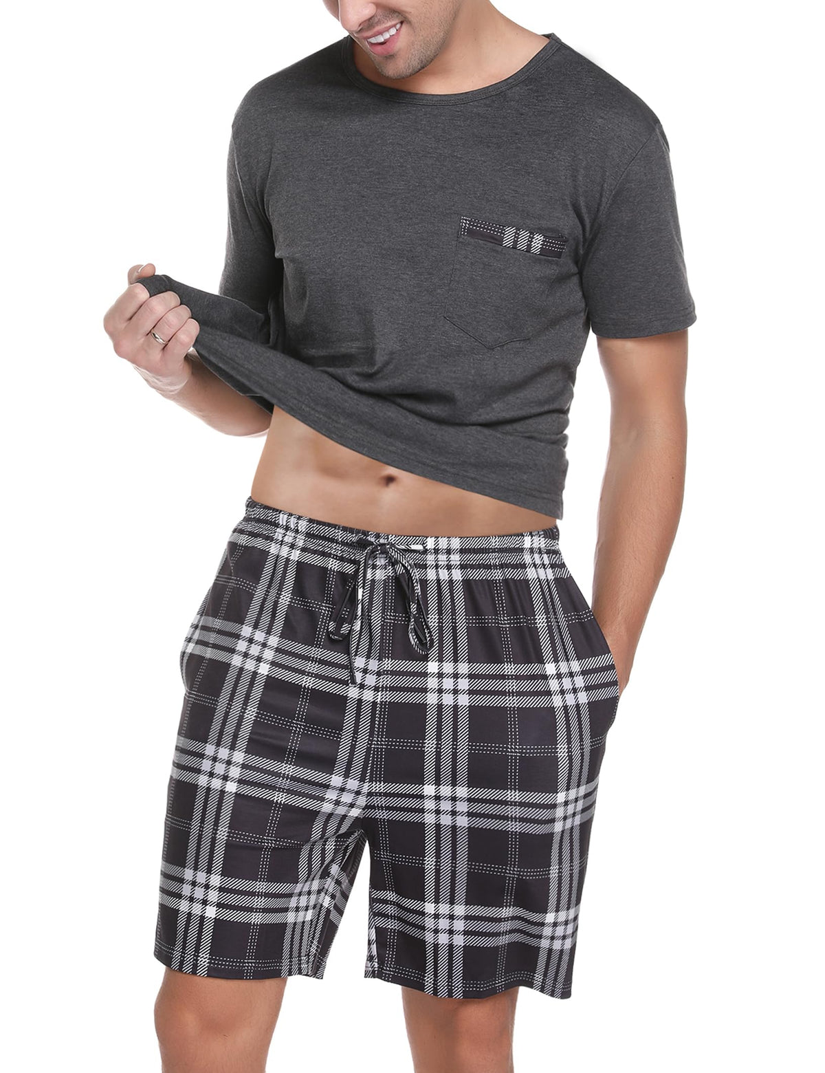 Sykooria Mens Pajamas Set Cotton Pajamas Shorts Set Short Sleeve Pjs Sets Soft Sleepwear S-XXL