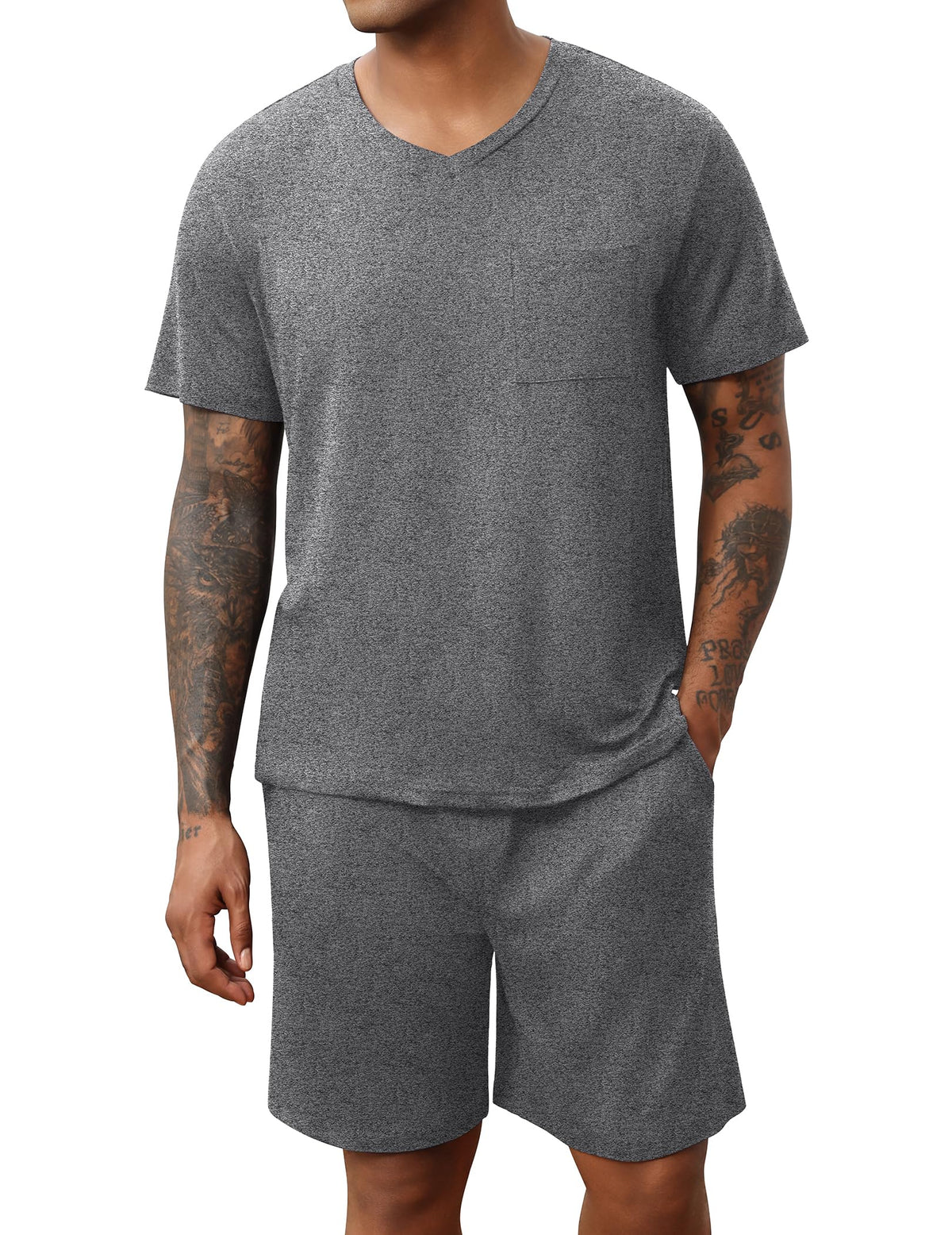 Ekouaer Mens Pajamas Set Soft Lounge Set V Neck Sleep Nightwear Short Sleeve Pjs with Pocket S-XXL