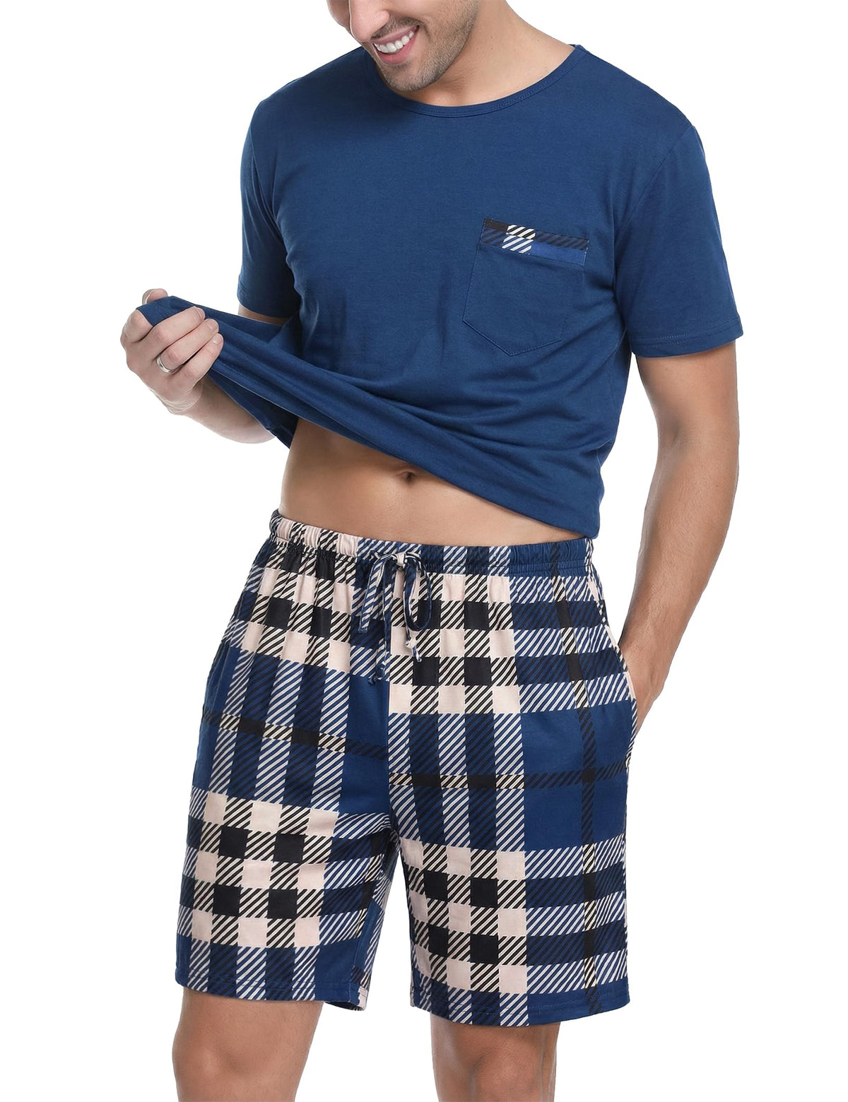 Sykooria Mens Pajamas Set Cotton Pajamas Shorts Set Short Sleeve Pjs Sets Soft Sleepwear S-XXL