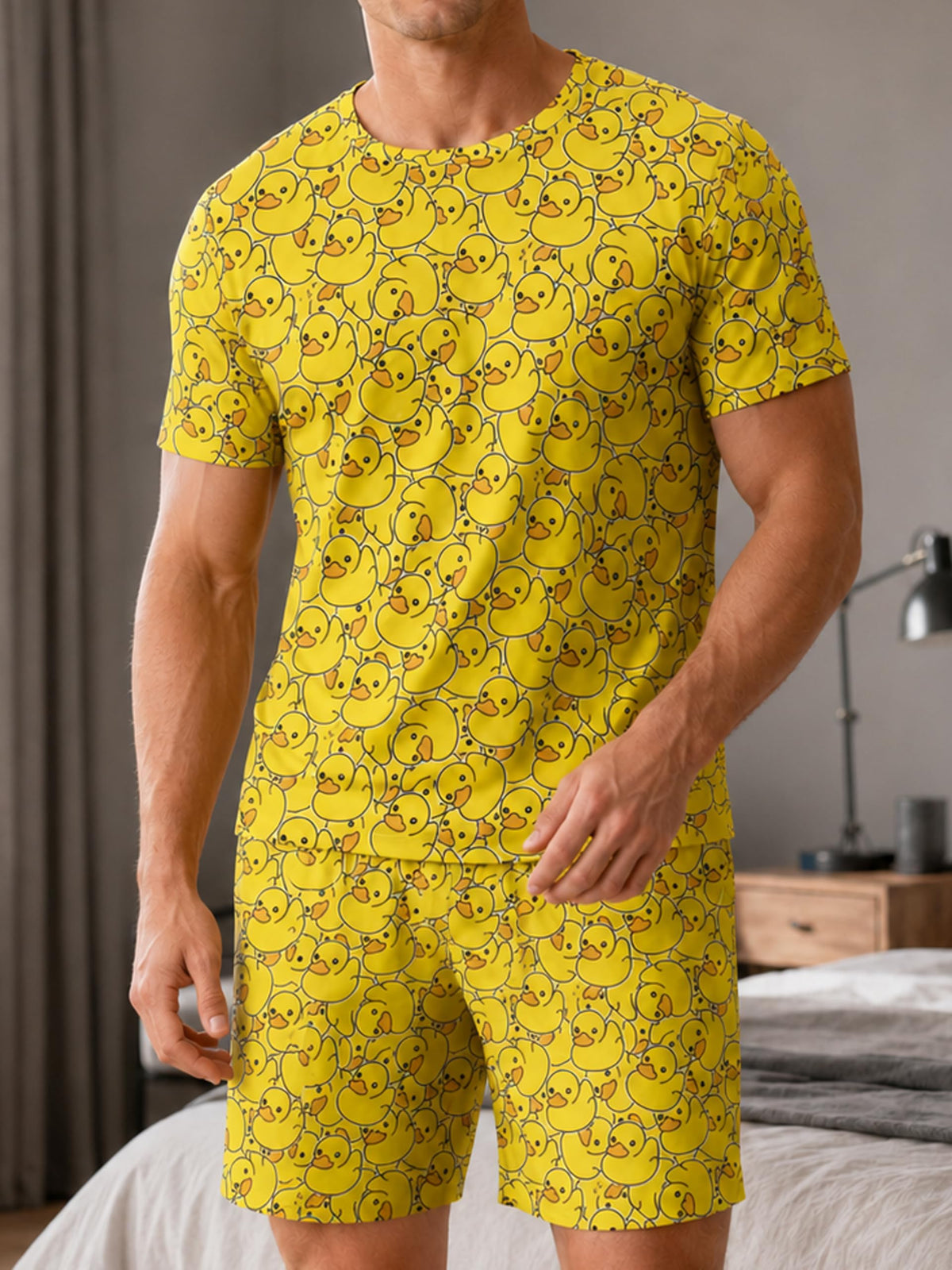 Men Pajama Set Funny Duck Print T-Shirt and Shorts Sleepwear Casual Lounge Set