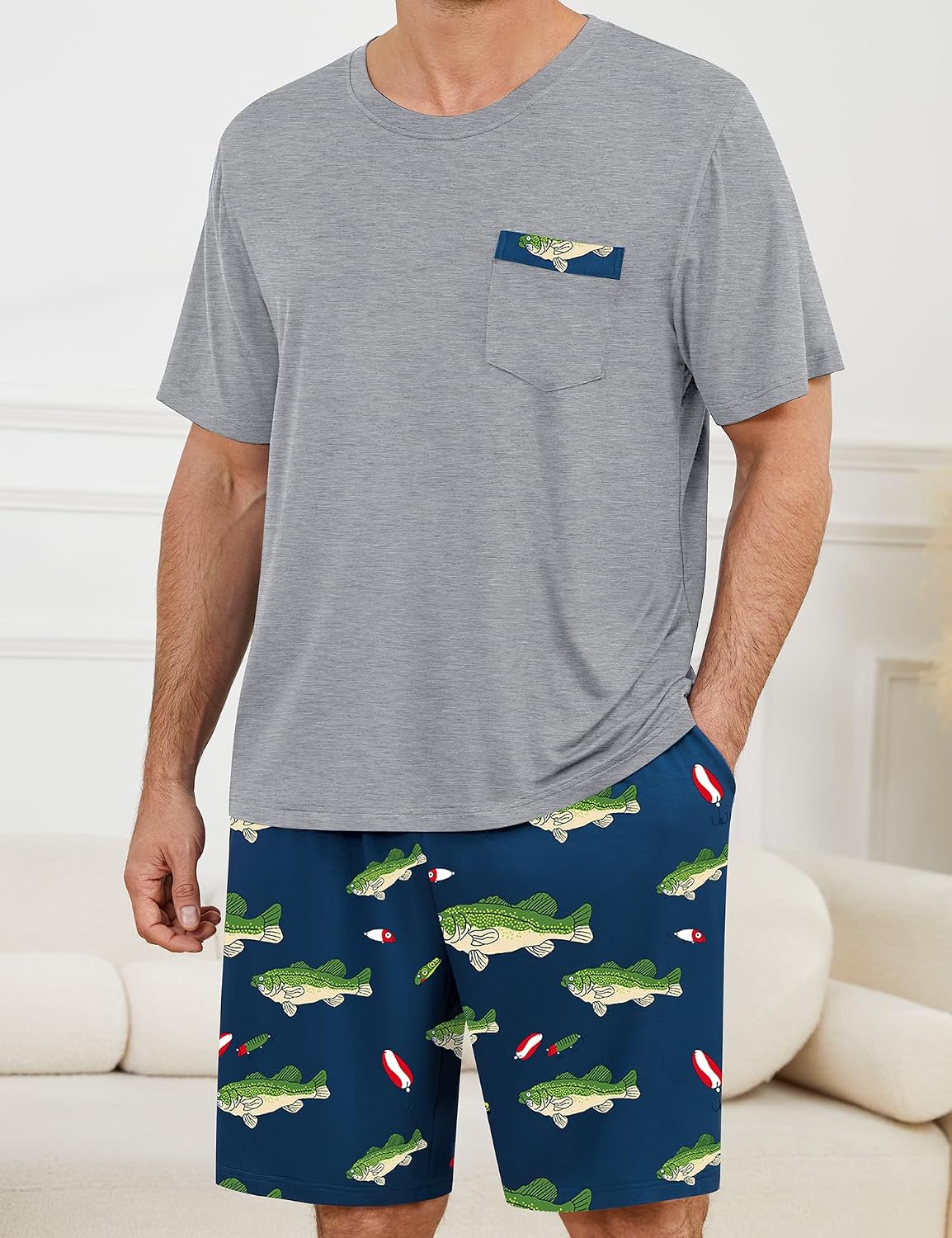 SWOMOG Mens Pajama Set Short Sleeve Pjs Set Soft Comfy Sleepwear Summer 2 Piece Loungewear Print With Pocket S-XXL