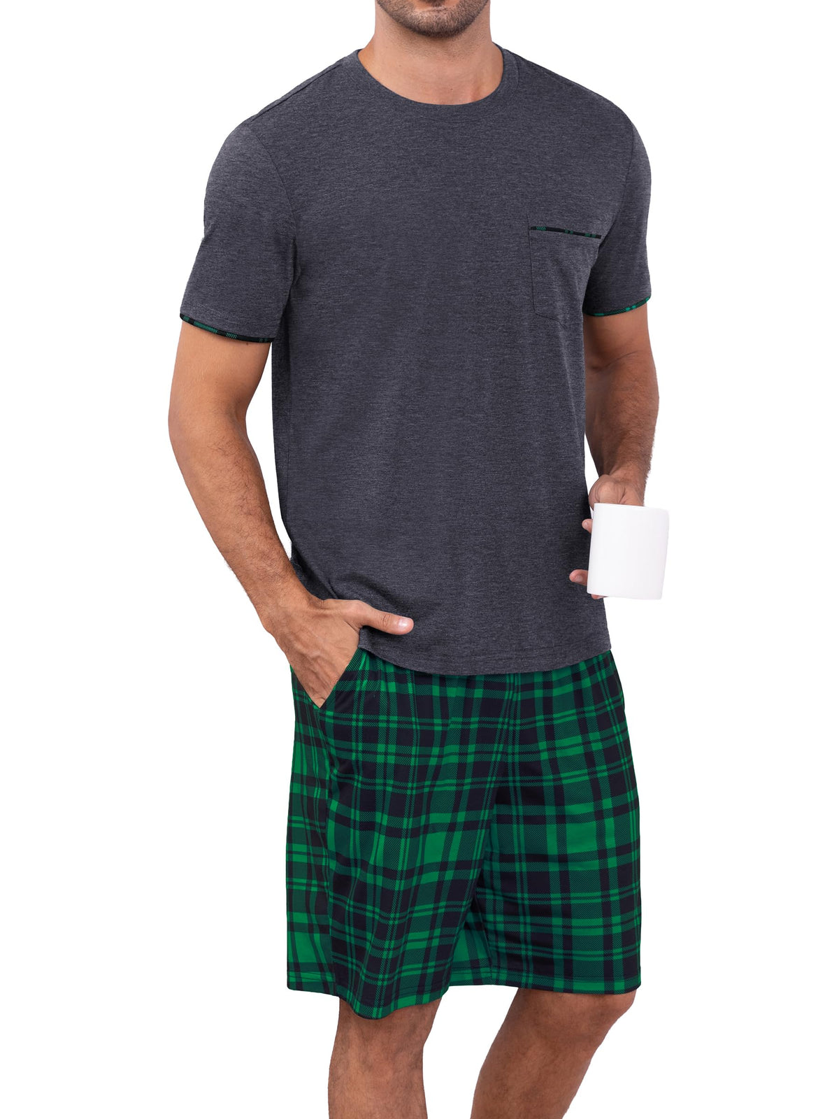 RQP Men's Pajama Sets Soft 2 Piece Pj's Set Short Sleeve Cotton Top and Plaid Pants for Loungewear Sleepwear with Pockets