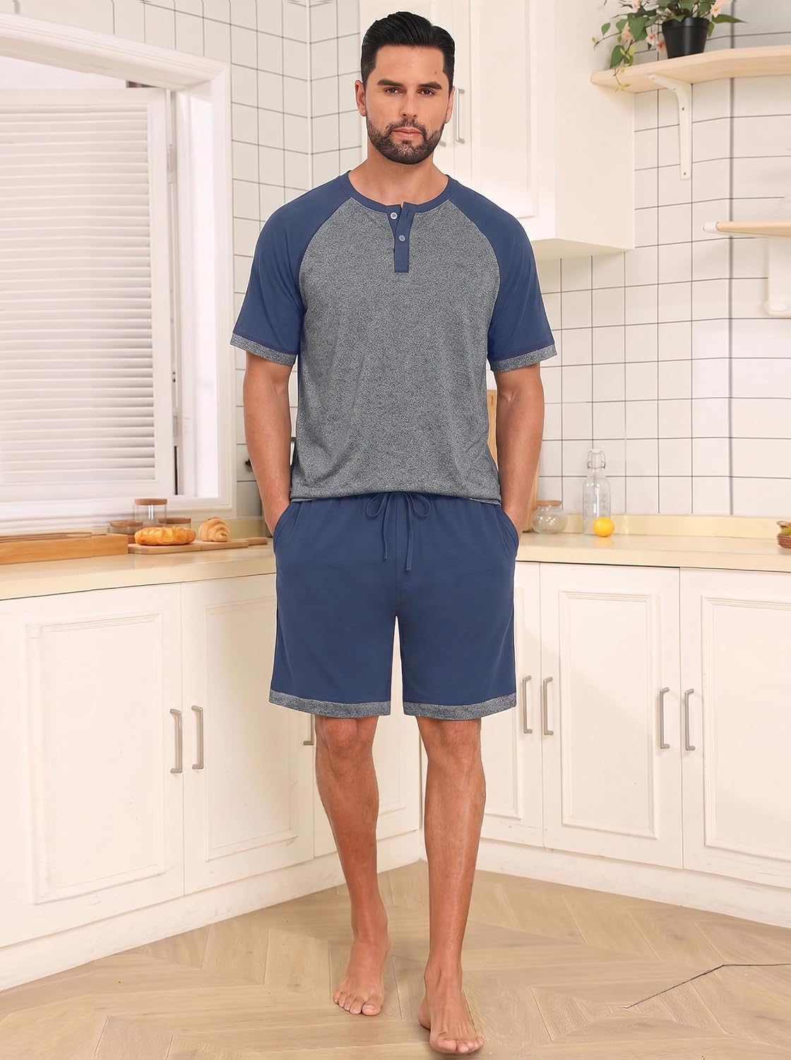 Men's Henley Pajama Sets 2 Piece Lounge Sleepwear Soft Sleep Summer Pjs