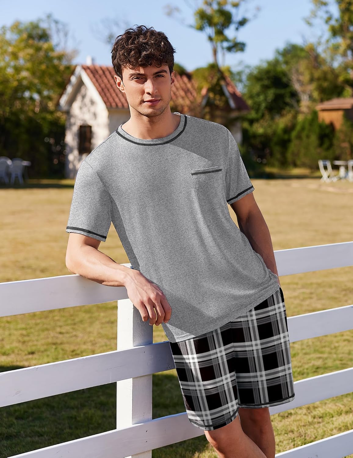 Ekouaer Men's Pajamas Set Casual Short Sleeve Shirts and Shorts Soft 2 Piece Loungewear With Pockets