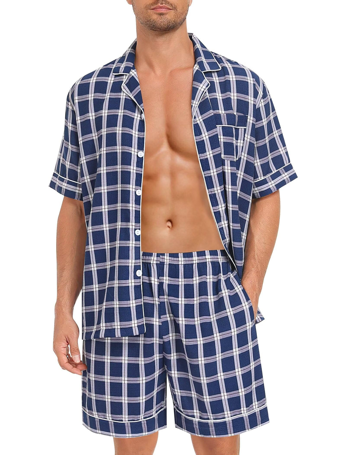 SWOMOG Men Pajama Set Short Sleeve Summer Pjs Button Down Sleepwear Soft Pajama Shorts 2 Piece Loungewear with Pockets