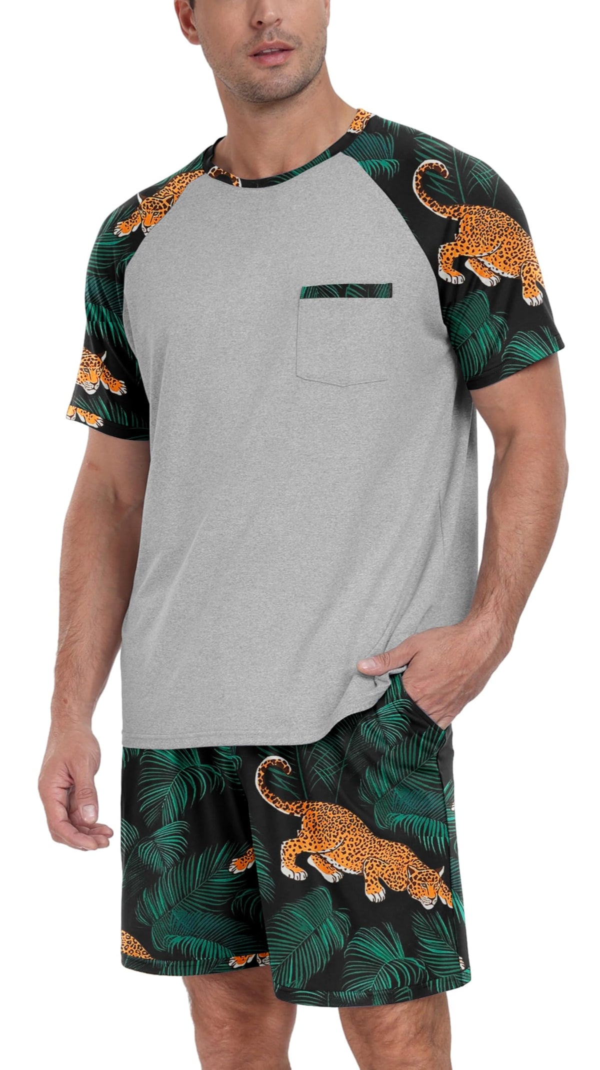 Couples Pajamas Set Short Sleeve Raglan Shirts and Shorts Lounge Sleepwear