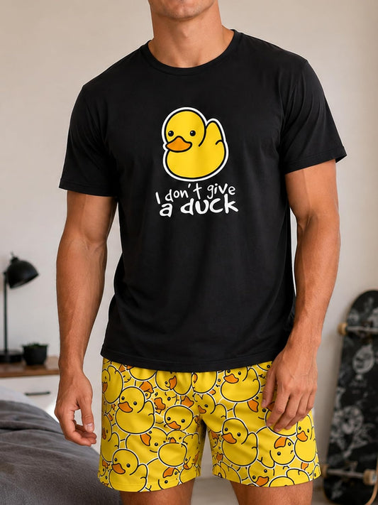 Men Pajama Set Funny Duck Print T-Shirt and Shorts Sleepwear Casual Lounge Set