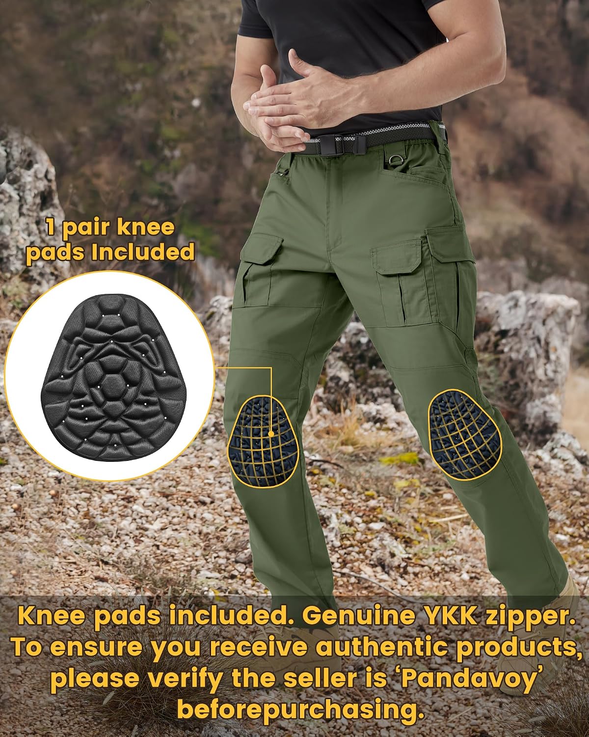 Men's Stretch Tactical Work Pants with Removable Knee Pads, Water-Resistant Ripstop Cargo Pants for Outdoor & Hiking