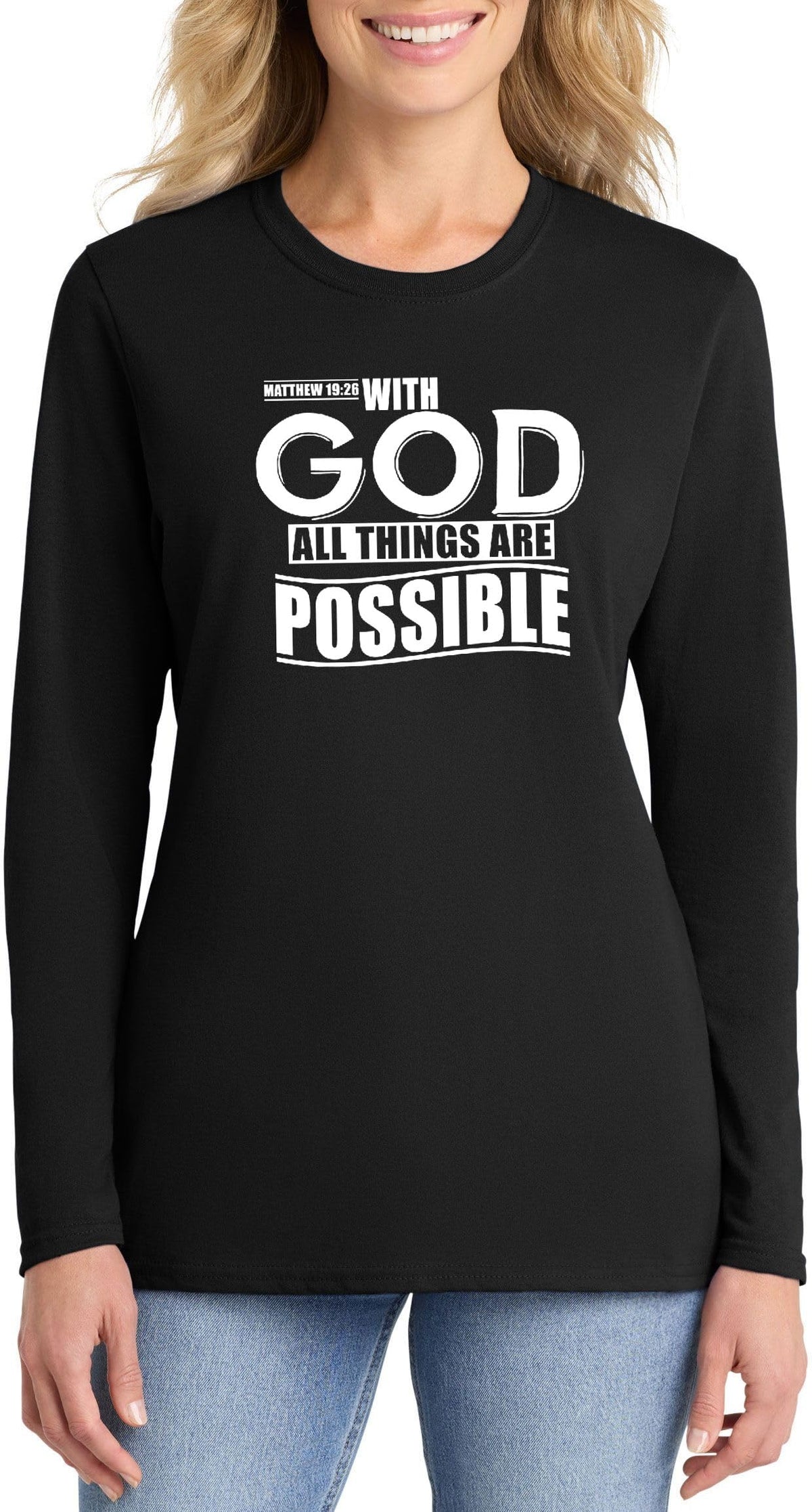with God All Things are Possible Matthew 19:26 Top Inspirational Bible Verse Graphic Cotton Tee Adult Youth Tall Men Women